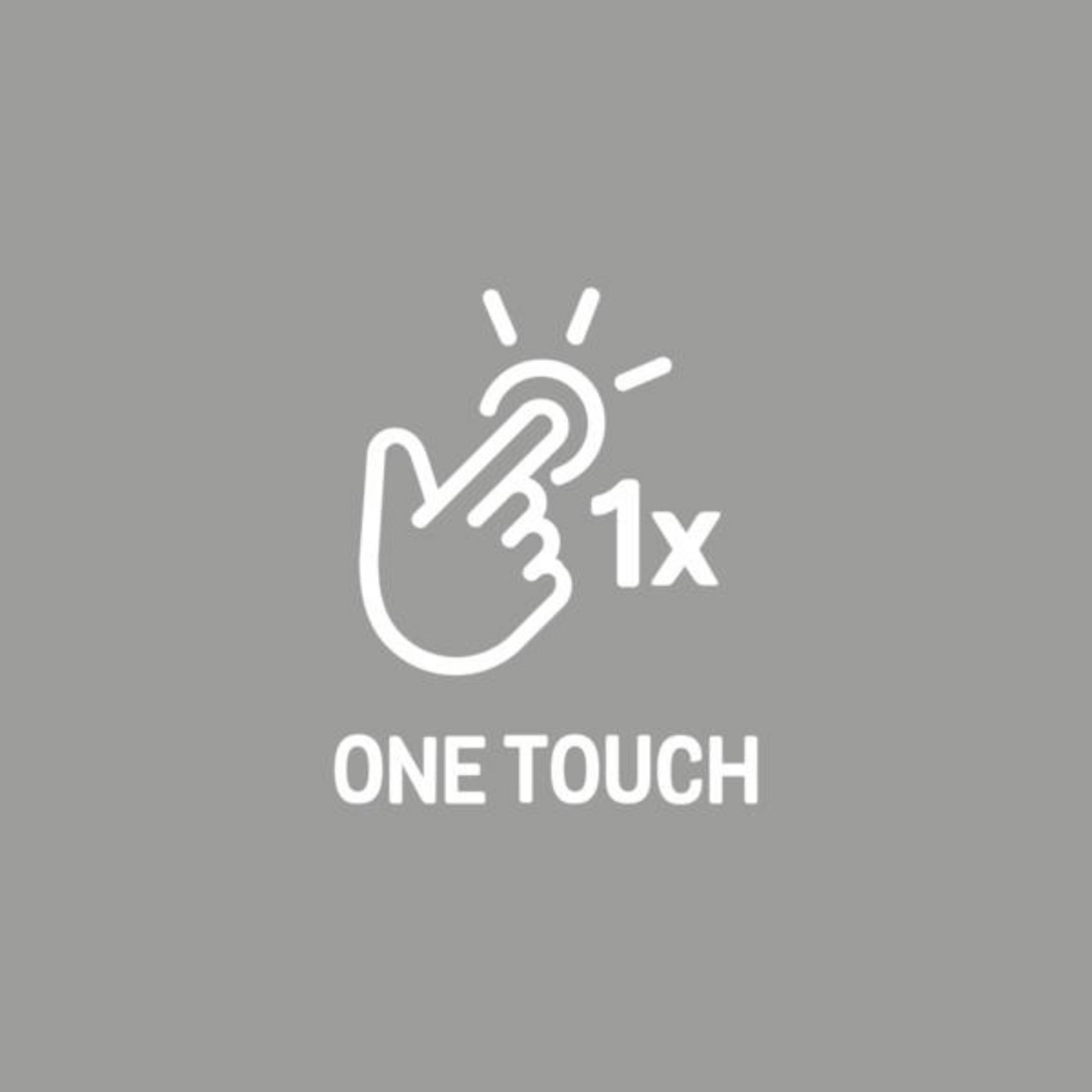 Ikona One Touch na szarym tle. Ręka dotyka koła z liniami i tekstem 'ONE TOUCH'.