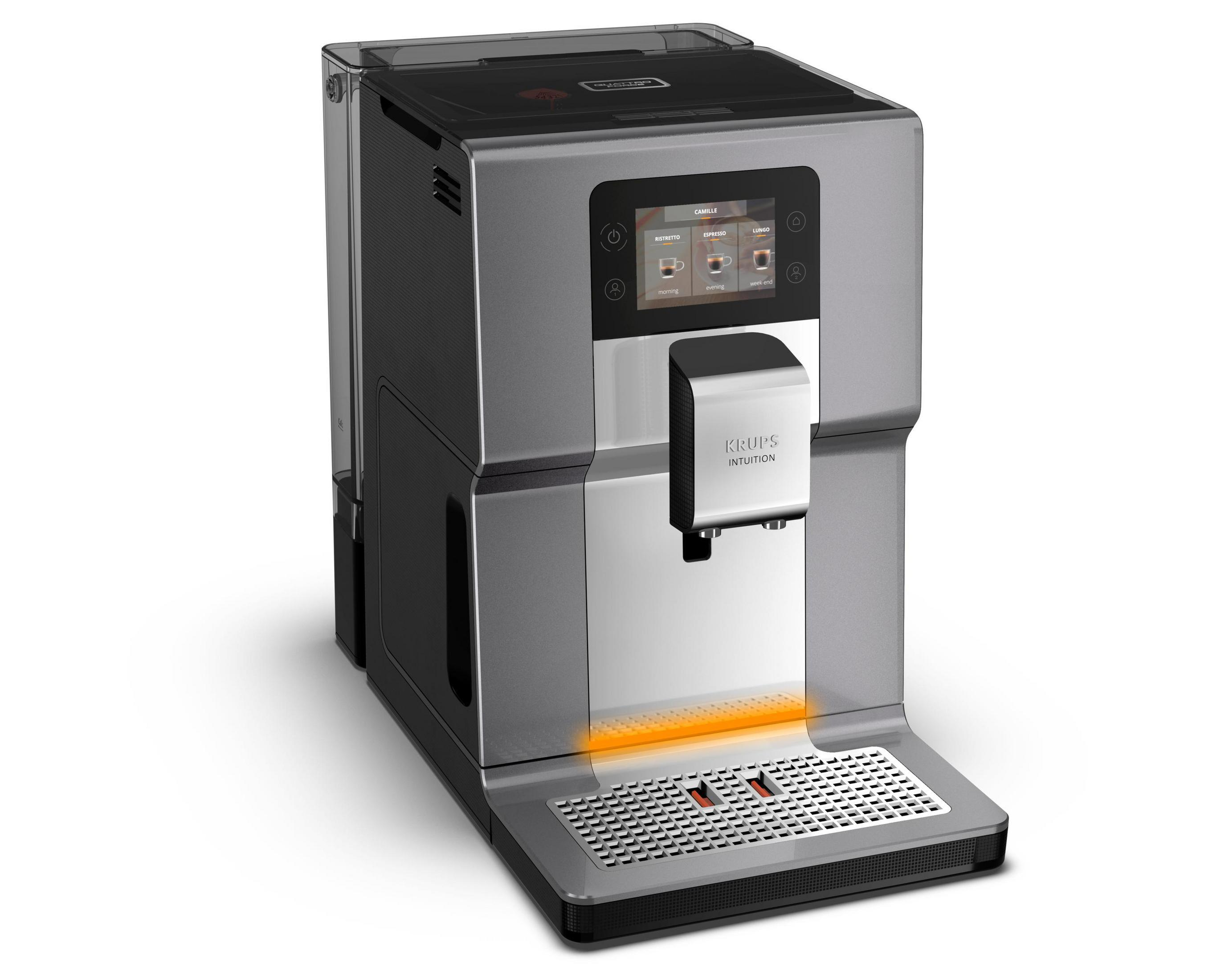 Szara i srebrna maszyna do kawy z ekranem dotykowym i zbiornikiem na wodę.