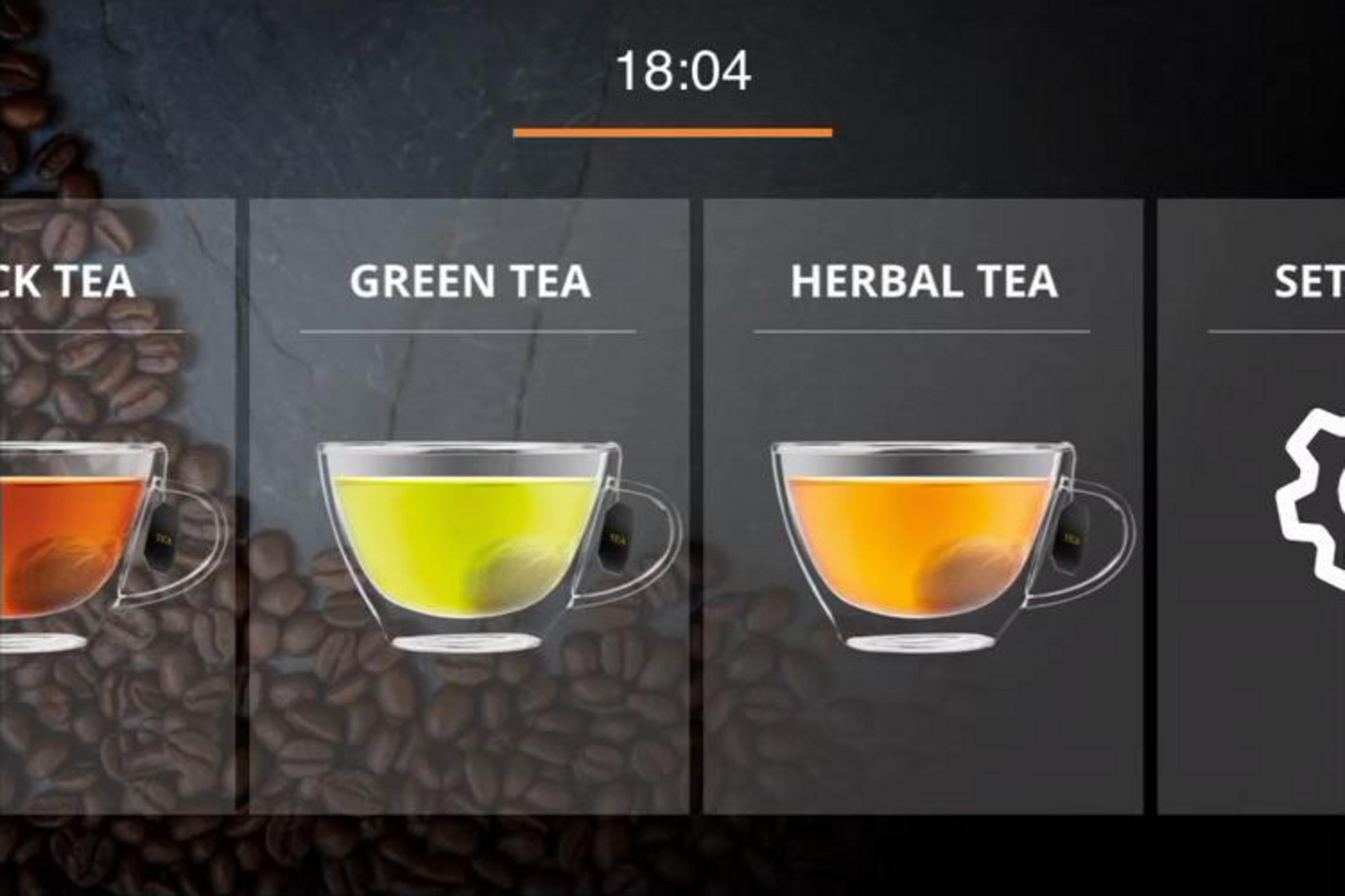 Obraz przedstawiający cztery filiżanki herbaty z etykietami tekstowymi: czarna, zielona, ziołowa i ustawienia.