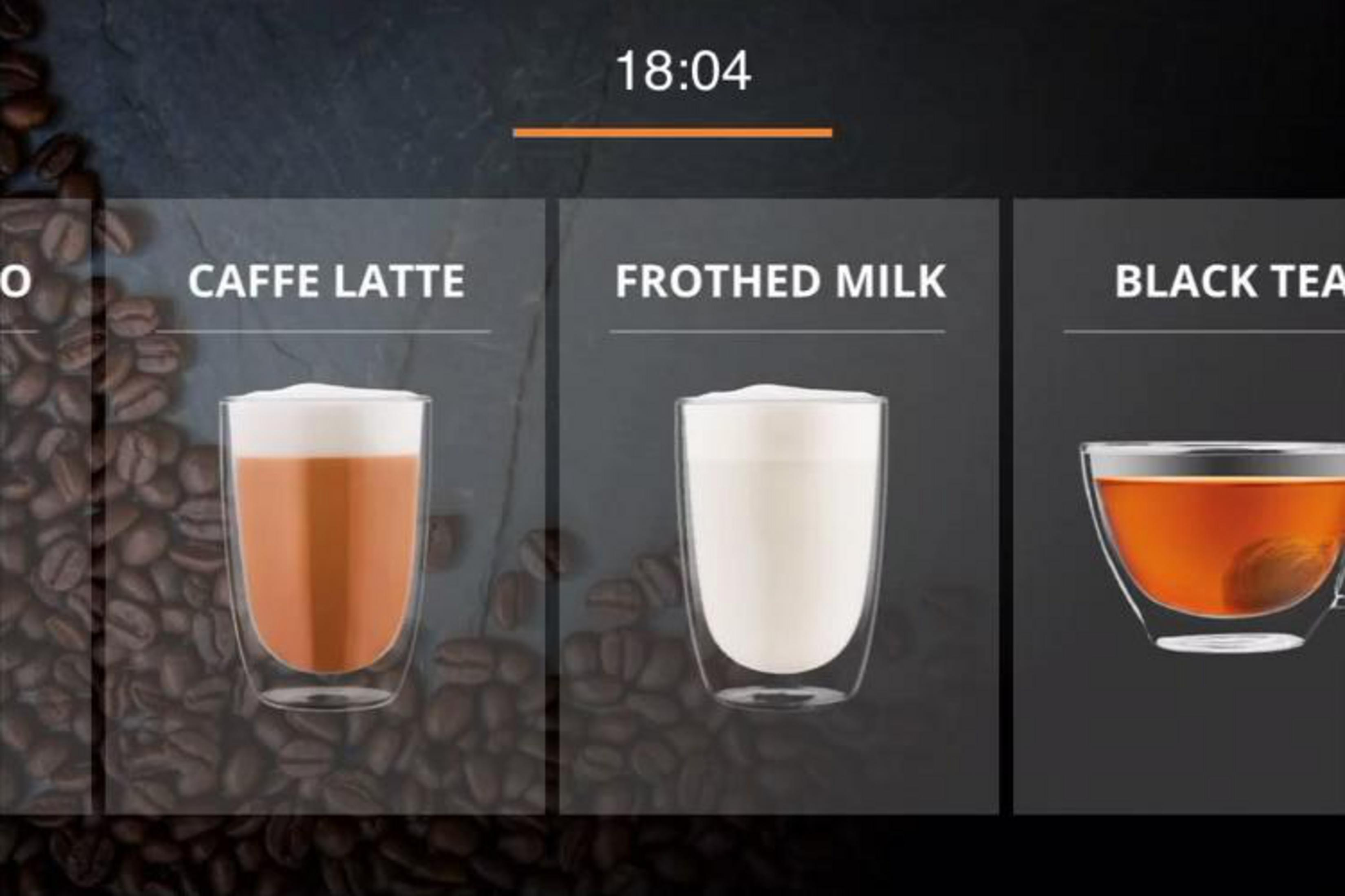 Opcje napojów kawowych: Espresso, Caffe Latte, Spienione Mleko, Czarna Herbata, wyświetlane w szklankach.