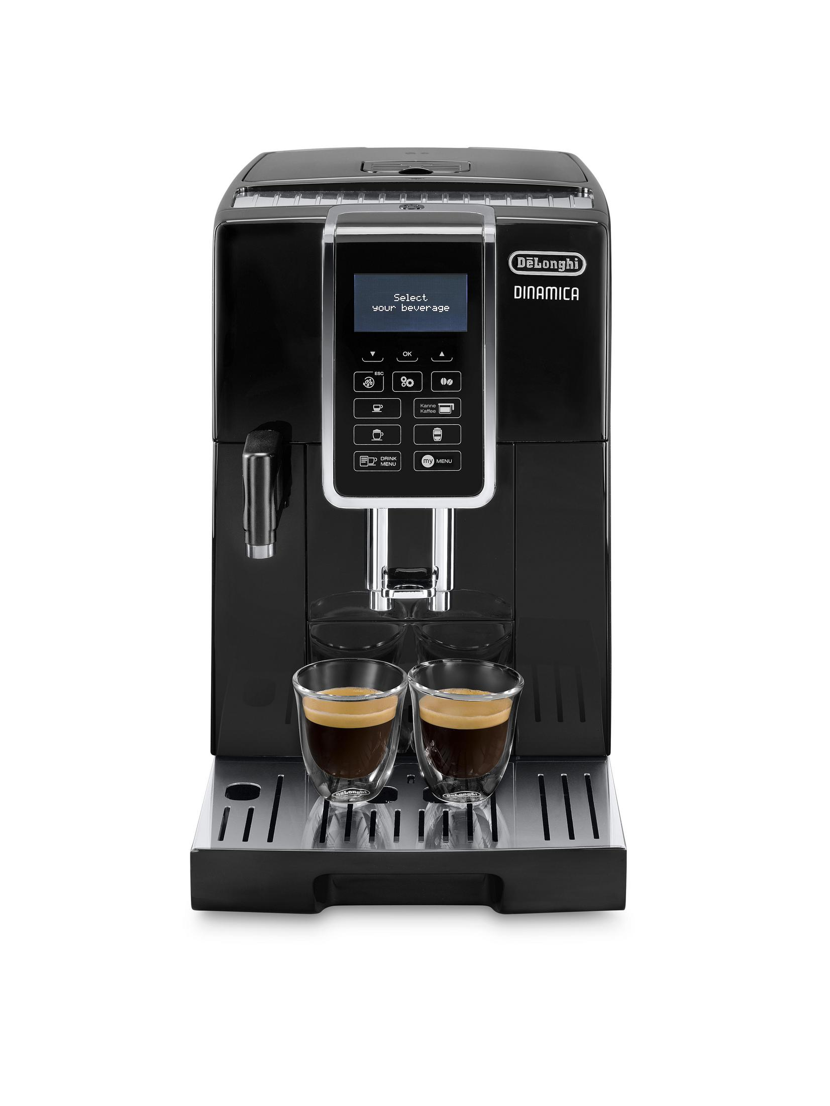 Eine schwarze DeLonghi Dinamica Espressomaschine mit zwei Kaffeegläsern.