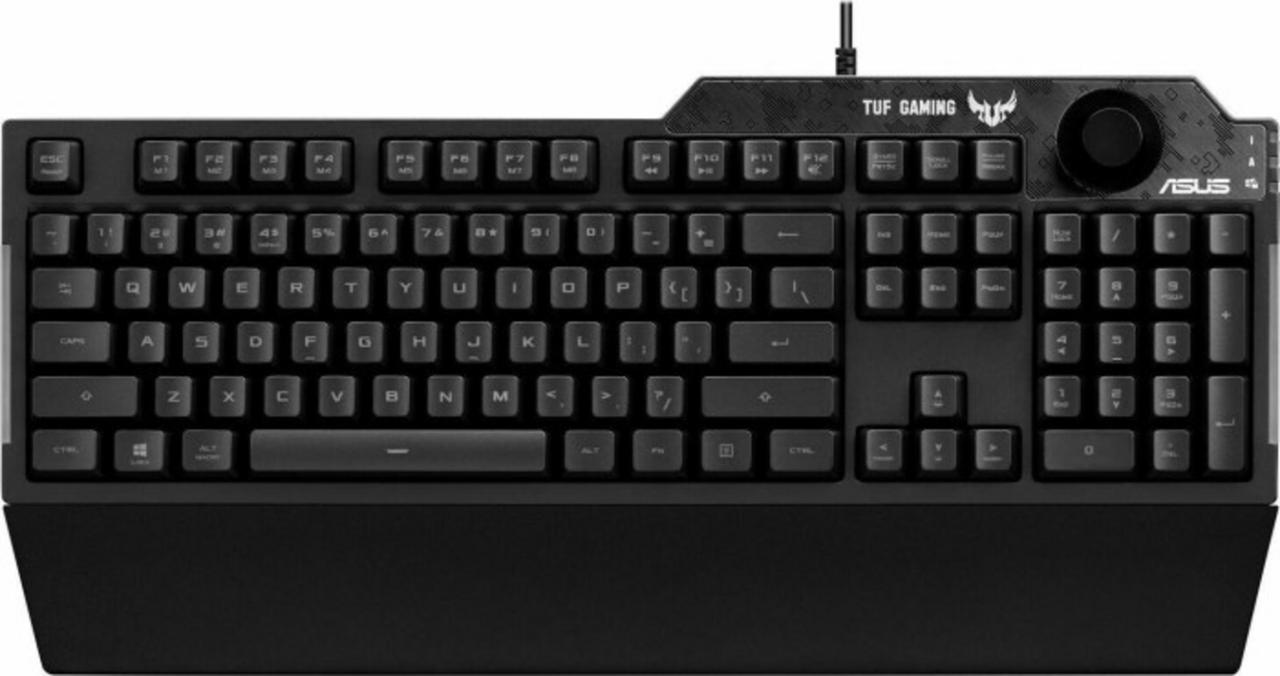 Eine schwarze ASUS TUF Gaming-Tastatur mit Handballenauflage. Hat viele Tasten und einen Lautstärkeregler.