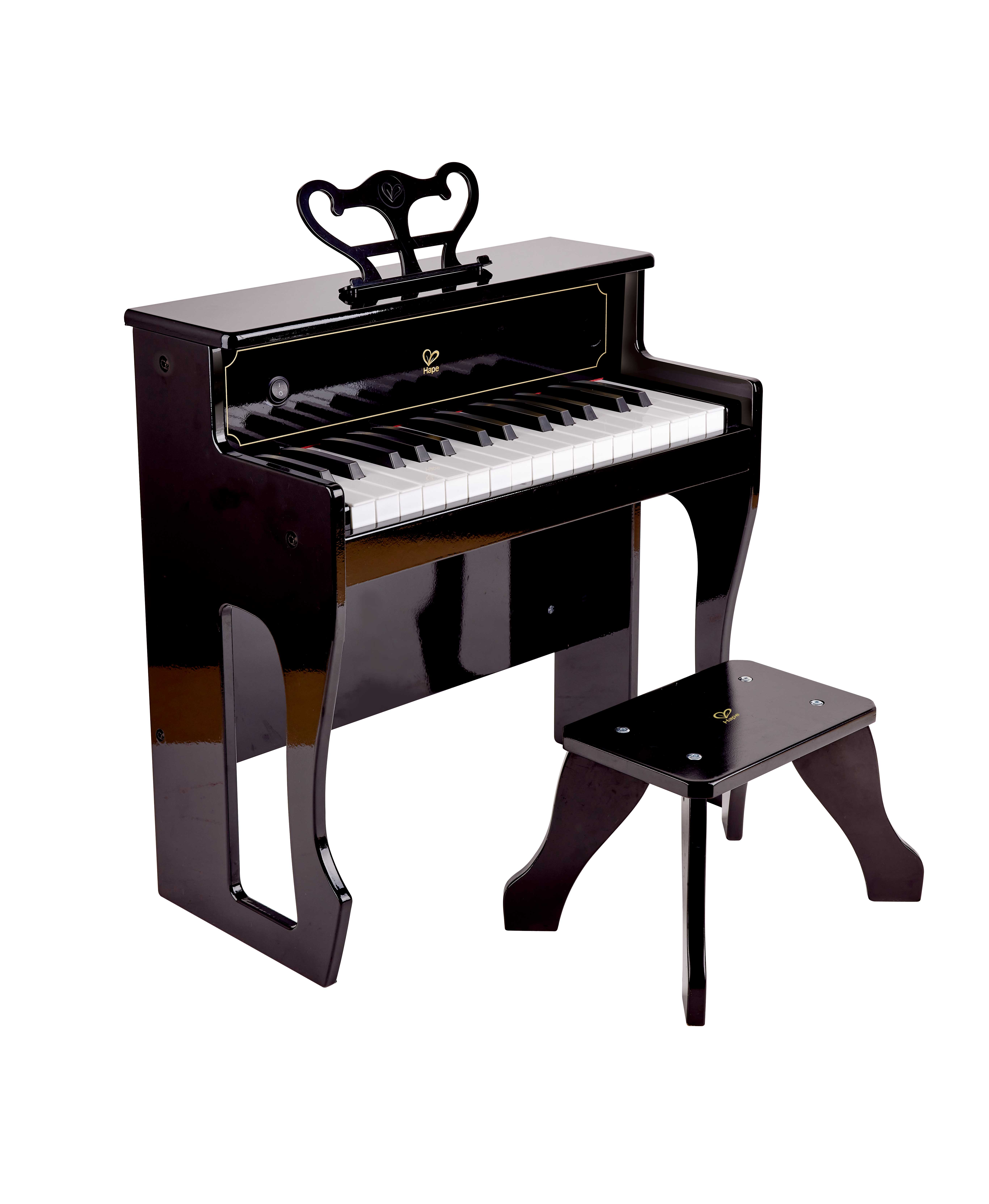 Schwarzes Spielzeugklavier mit Hocker. Das Klavier hat weiße Tasten und ein Notenpult.