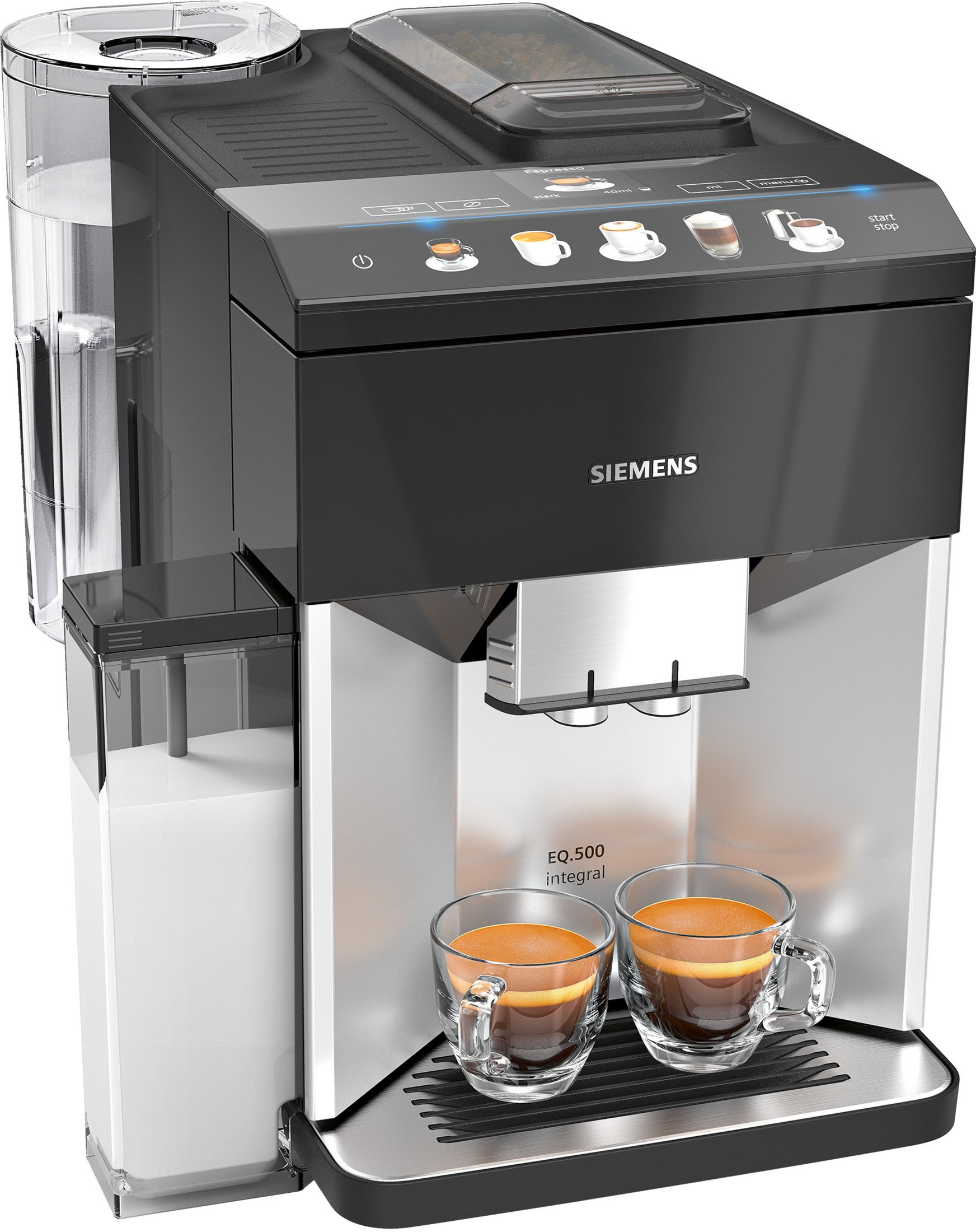 Eine schwarz-silberne Siemens Kaffeemaschine mit zwei Glasbechern Kaffee davor.