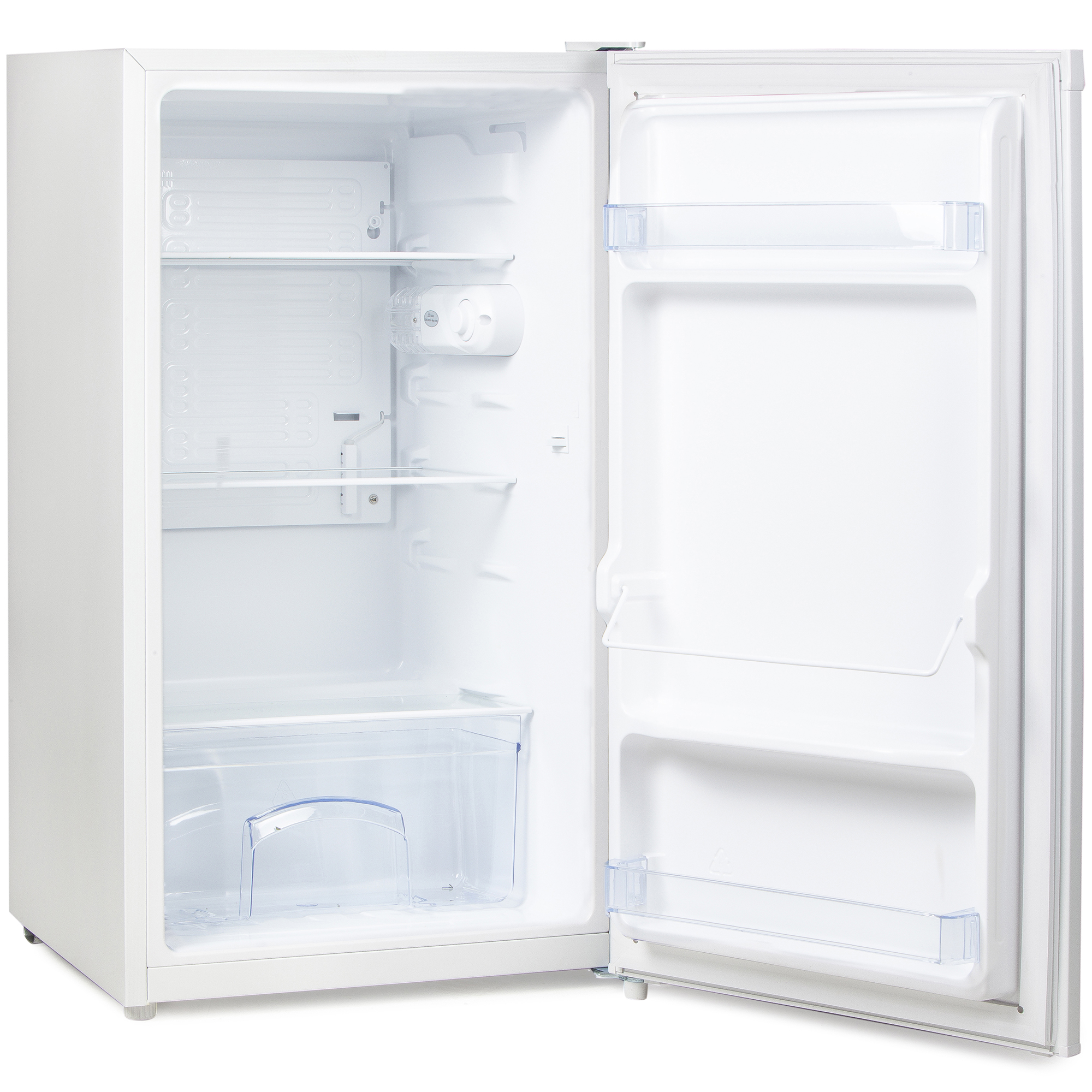 Mini-réfrigérateur blanc, porte ouverte, montrant des étagères, un bac à légumes et l'éclairage intérieur.