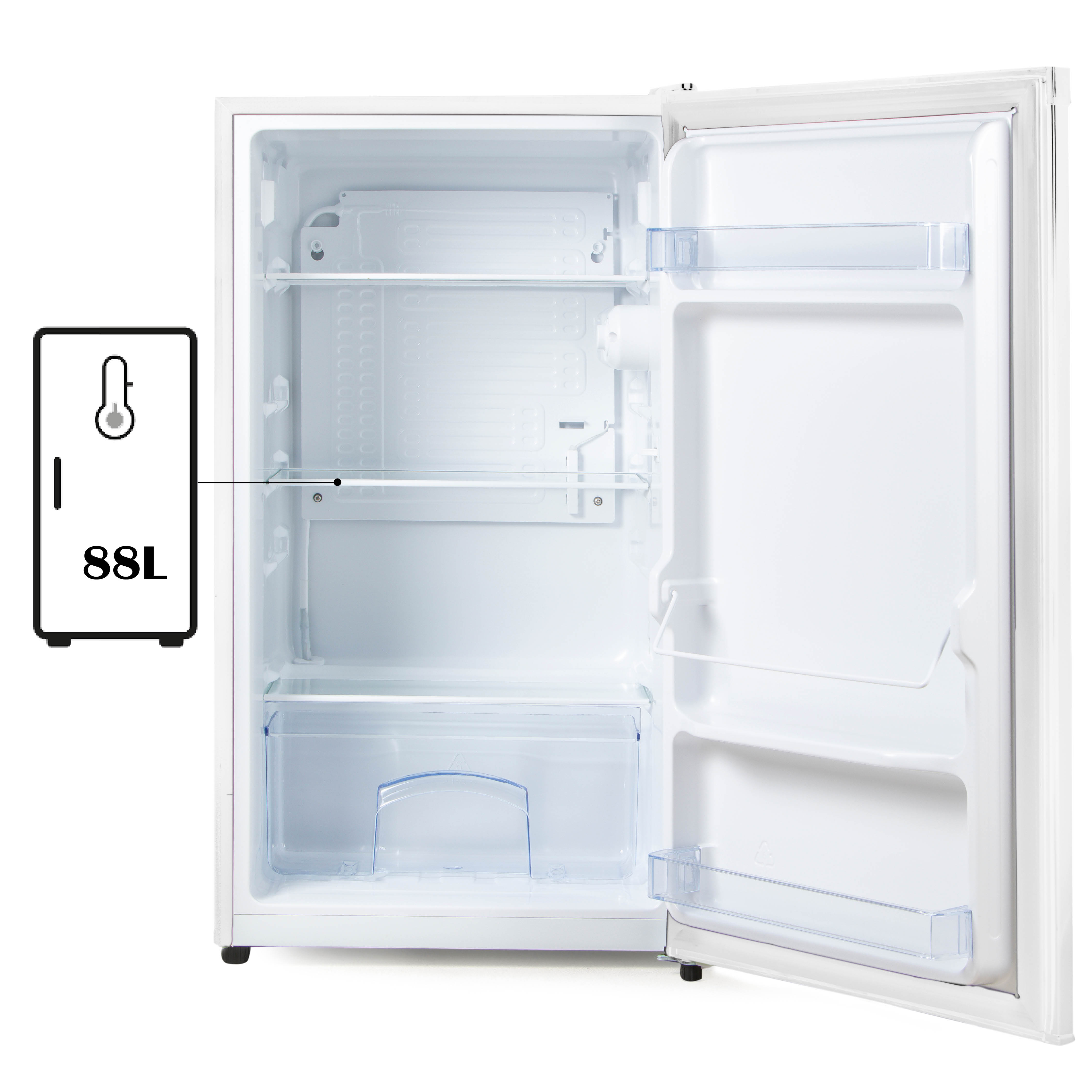 Mini réfrigérateur blanc avec porte ouverte montrant étagères et contenu.