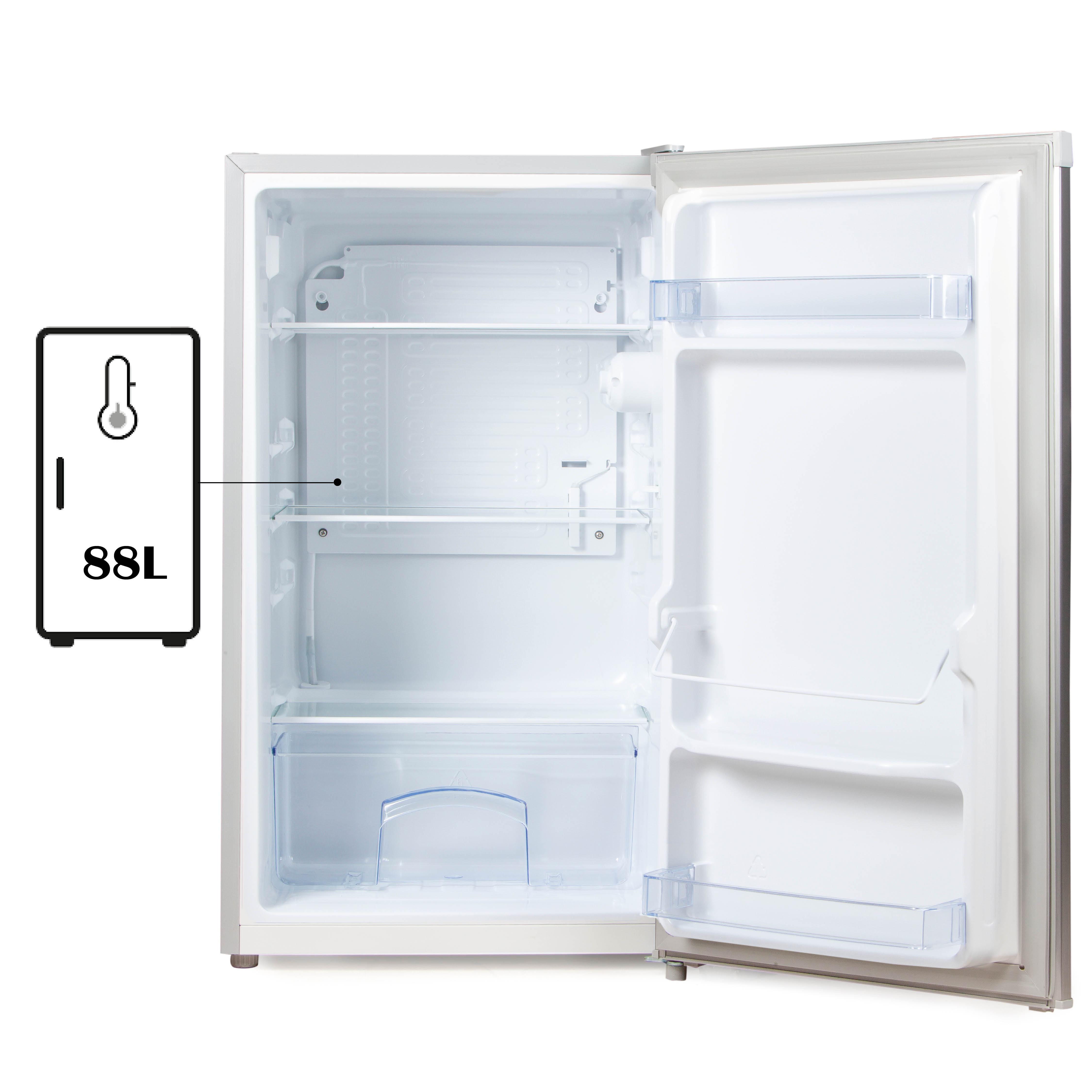 Un réfrigérateur blanc avec la porte ouverte. À l'intérieur, il y a des étagères et un bac à légumes, étiqueté avec 88L.