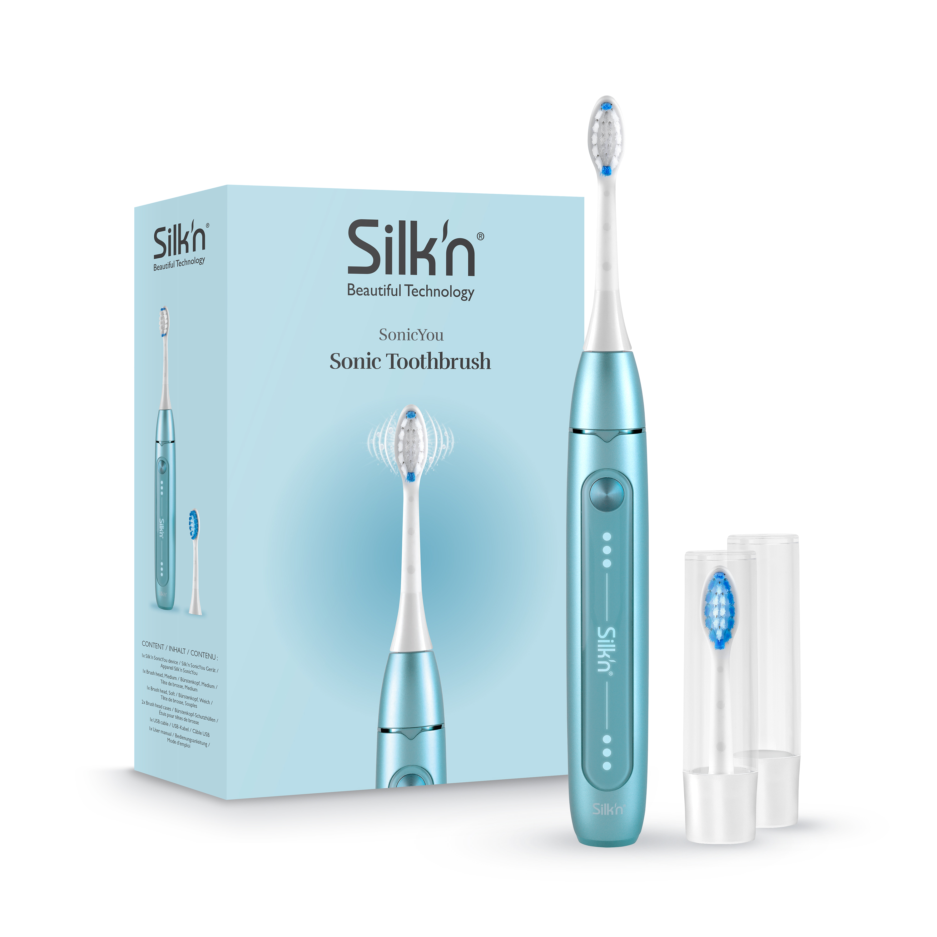 Box und Zahnbürste. Blau-weißes Farbschema. Produktname ist 'Silk'n Sonic You'.