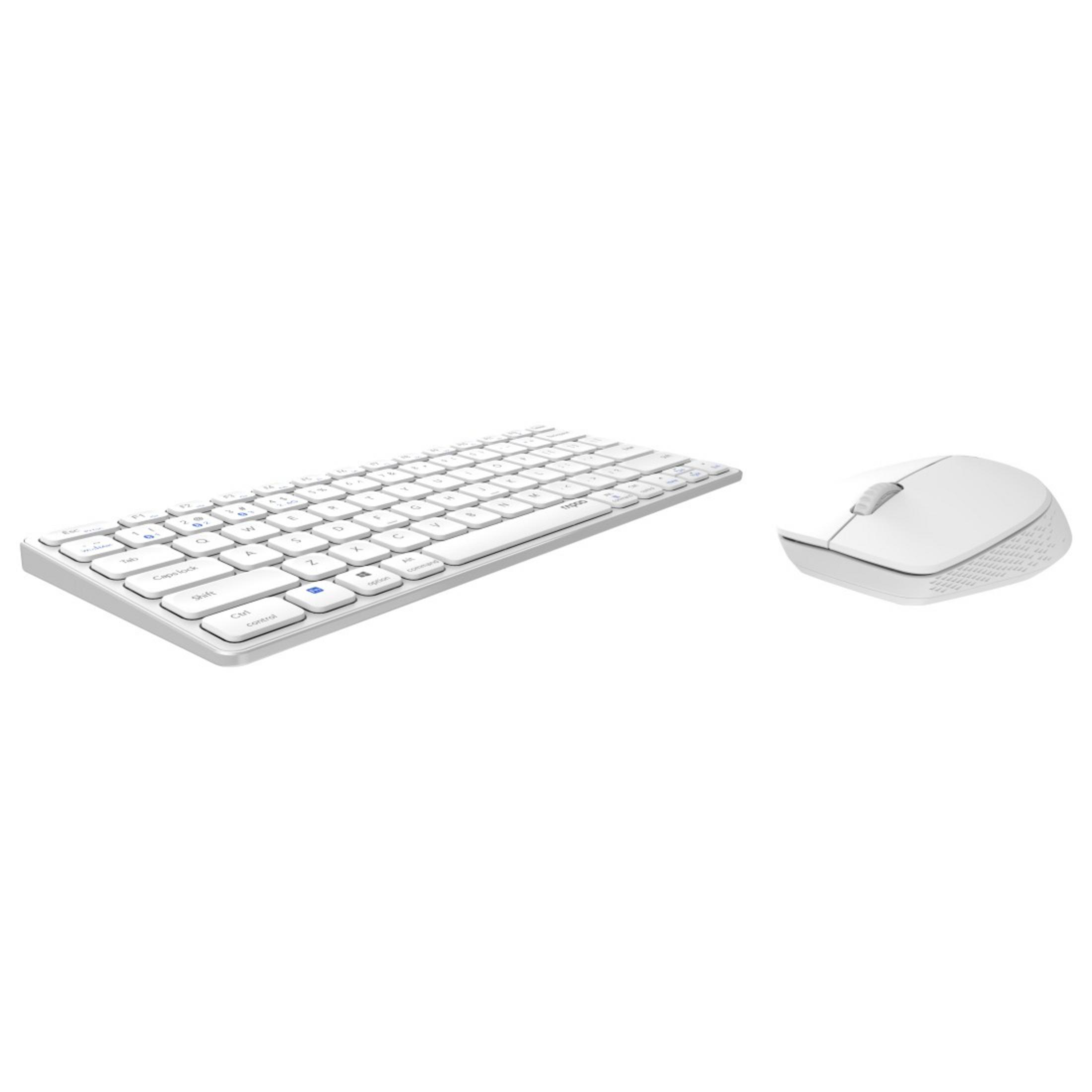 Set tastiera e mouse bianchi su una superficie bianca. La tastiera ha un tastierino numerico.