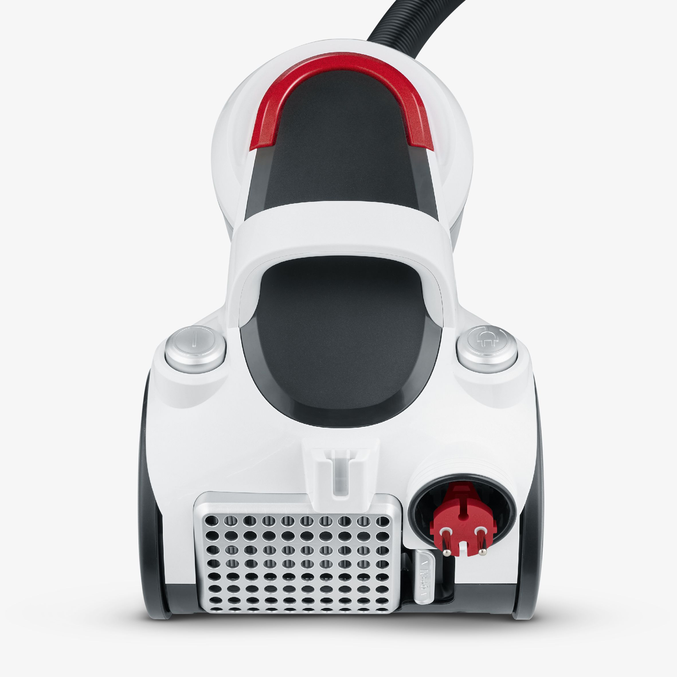 Zbliżenie białego odkurzacza. U góry czerwony uchwyt. Widoczny srebrny grill.