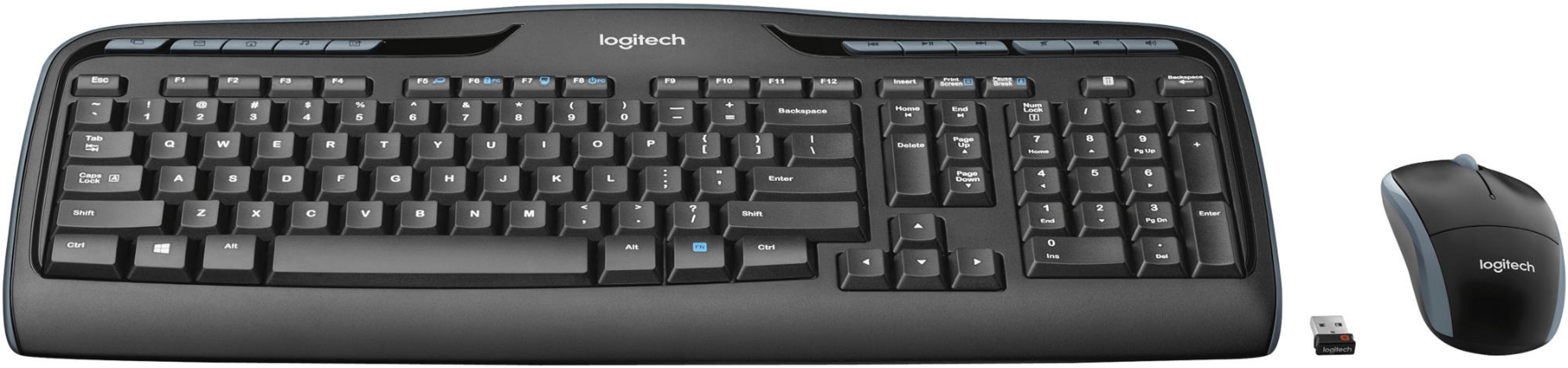 Clavier, souris et récepteur USB Logitech noirs sur fond blanc.