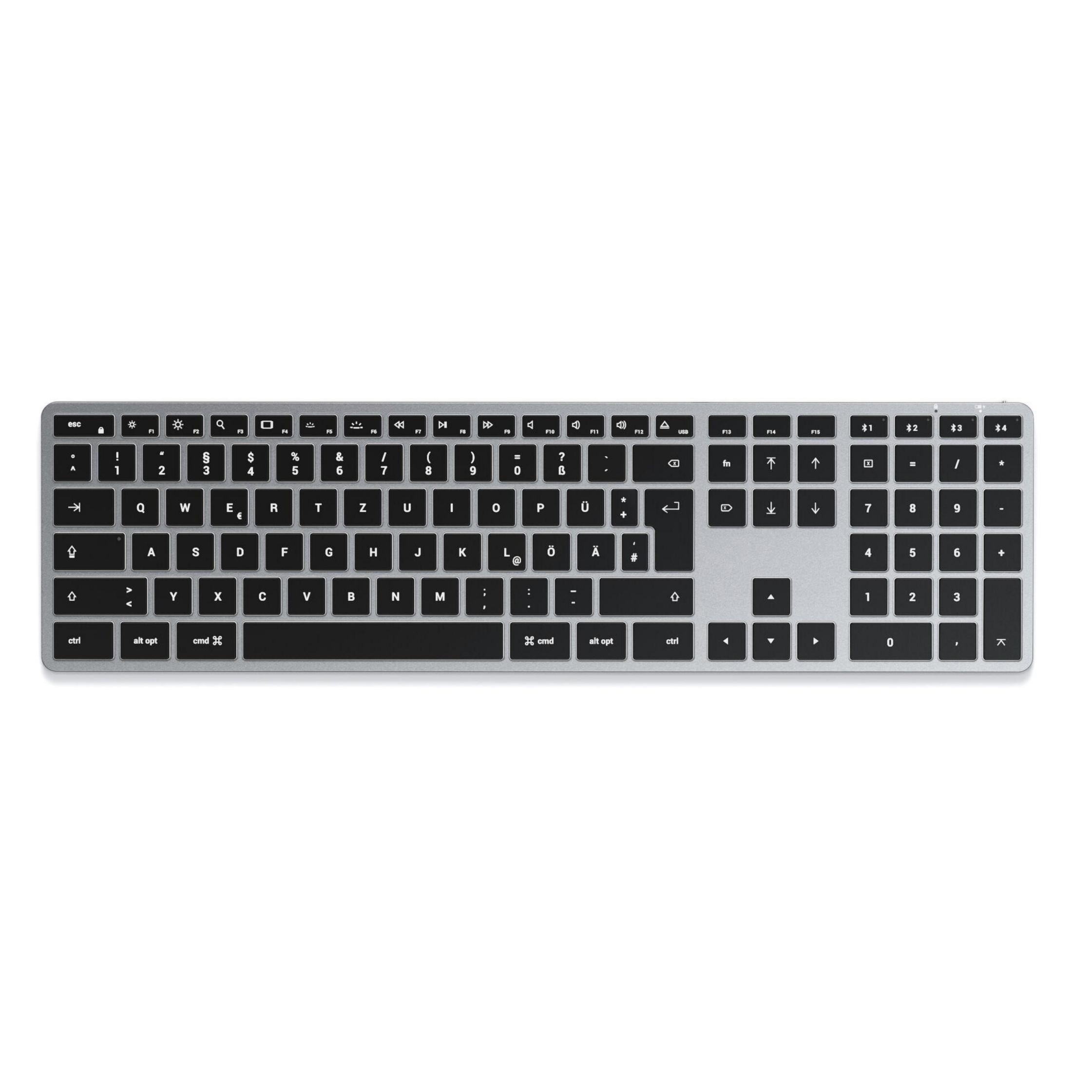 Silberne und schwarze Tastatur mit weißen Tasten.