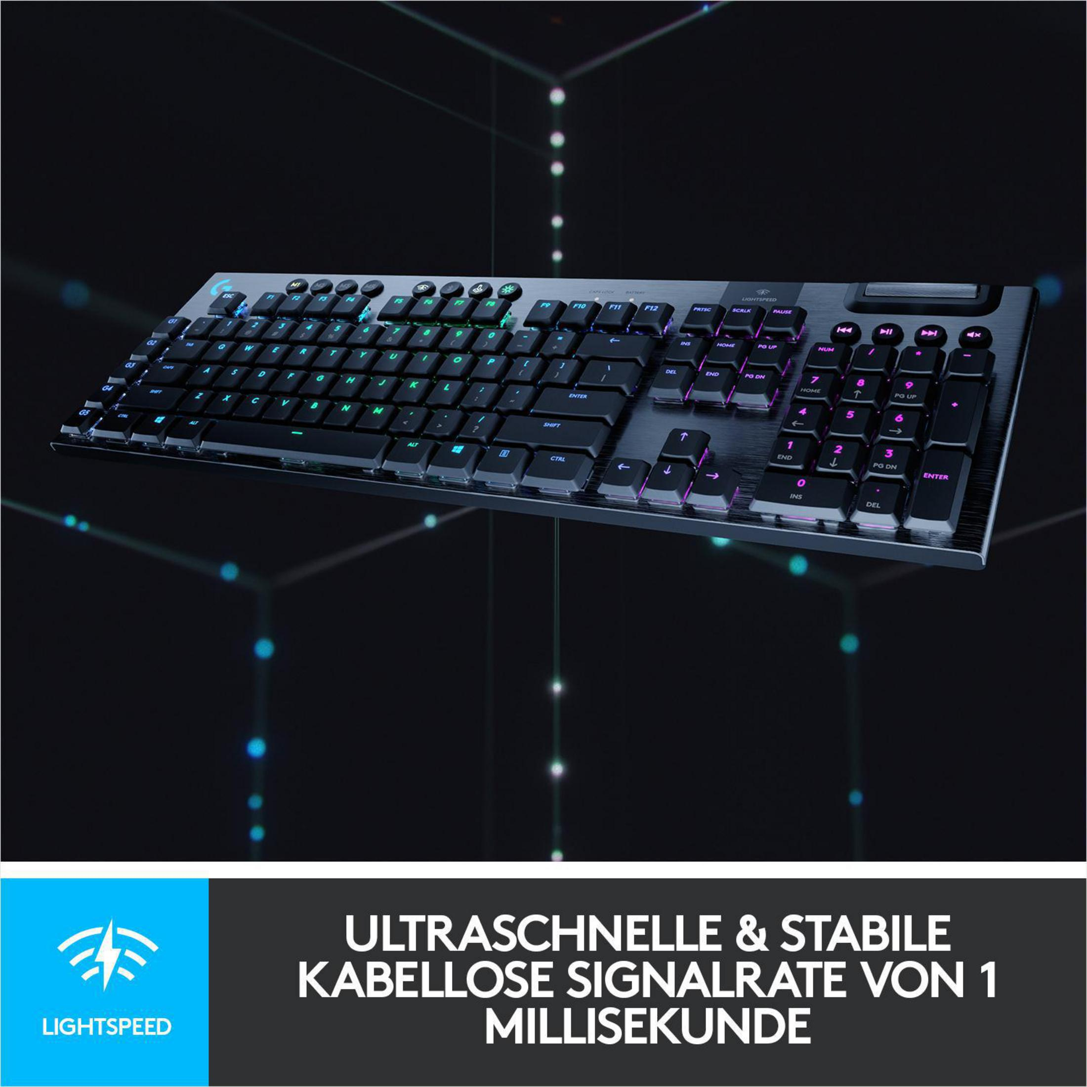 Tastiera nera con tasti illuminati blu e viola. Il testo dice 'ultraschnelle & stabile kabellose Signalrate'.