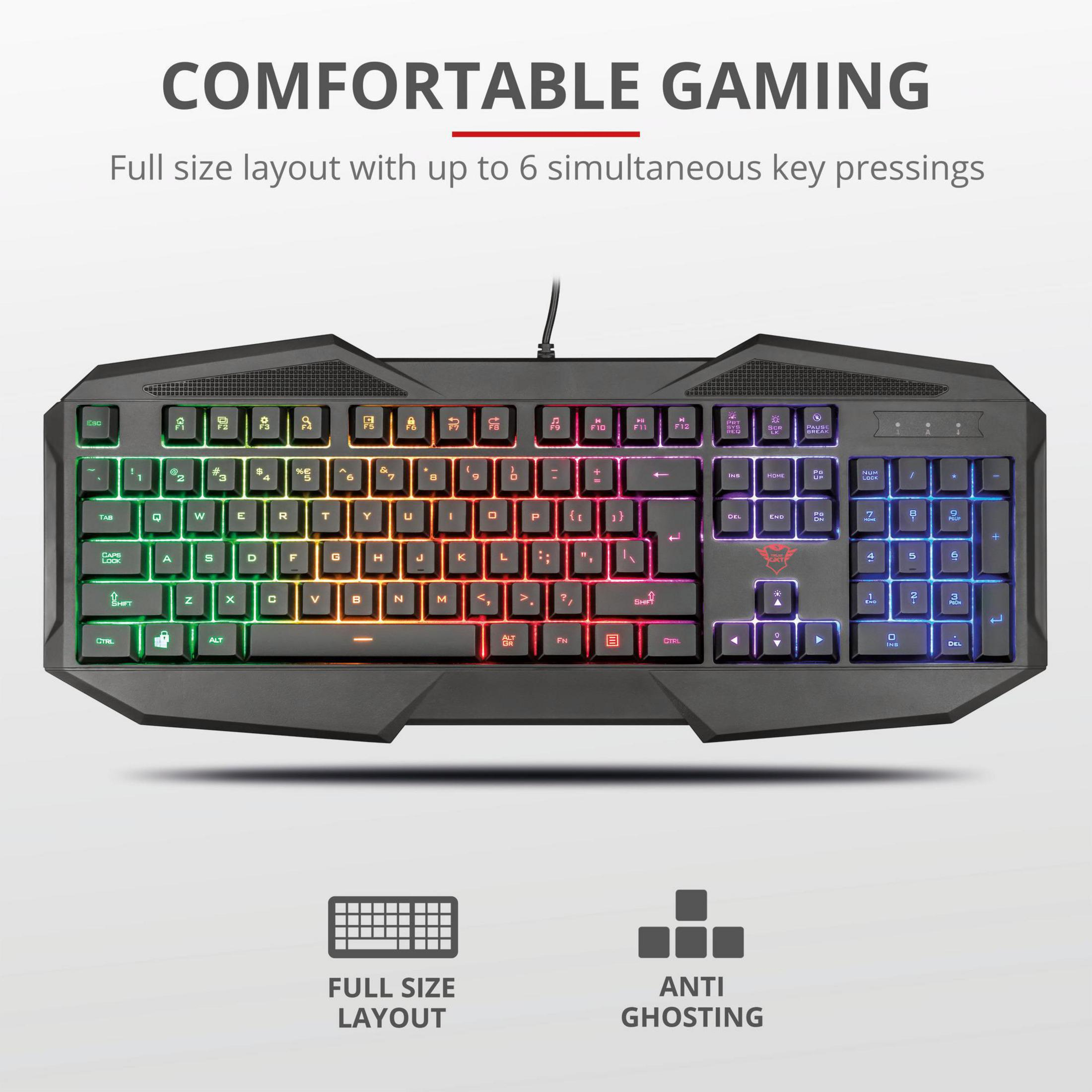 Czarna klawiatura do gier z tęczowym podświetleniem i tekstem 'Comfortable Gaming'.