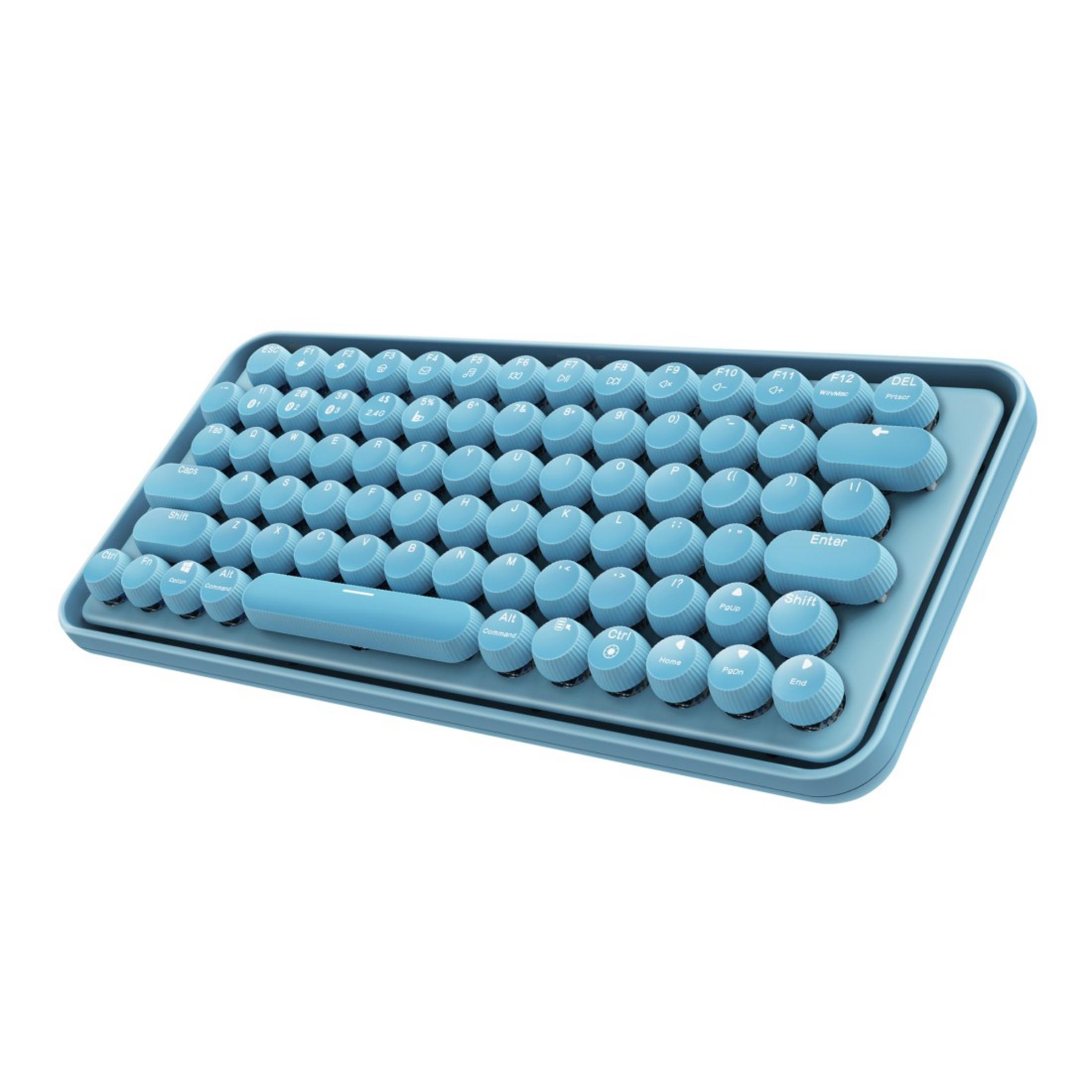 Hellblaue Tastatur im Retro-Stil mit runden Tasten auf weißem Hintergrund.