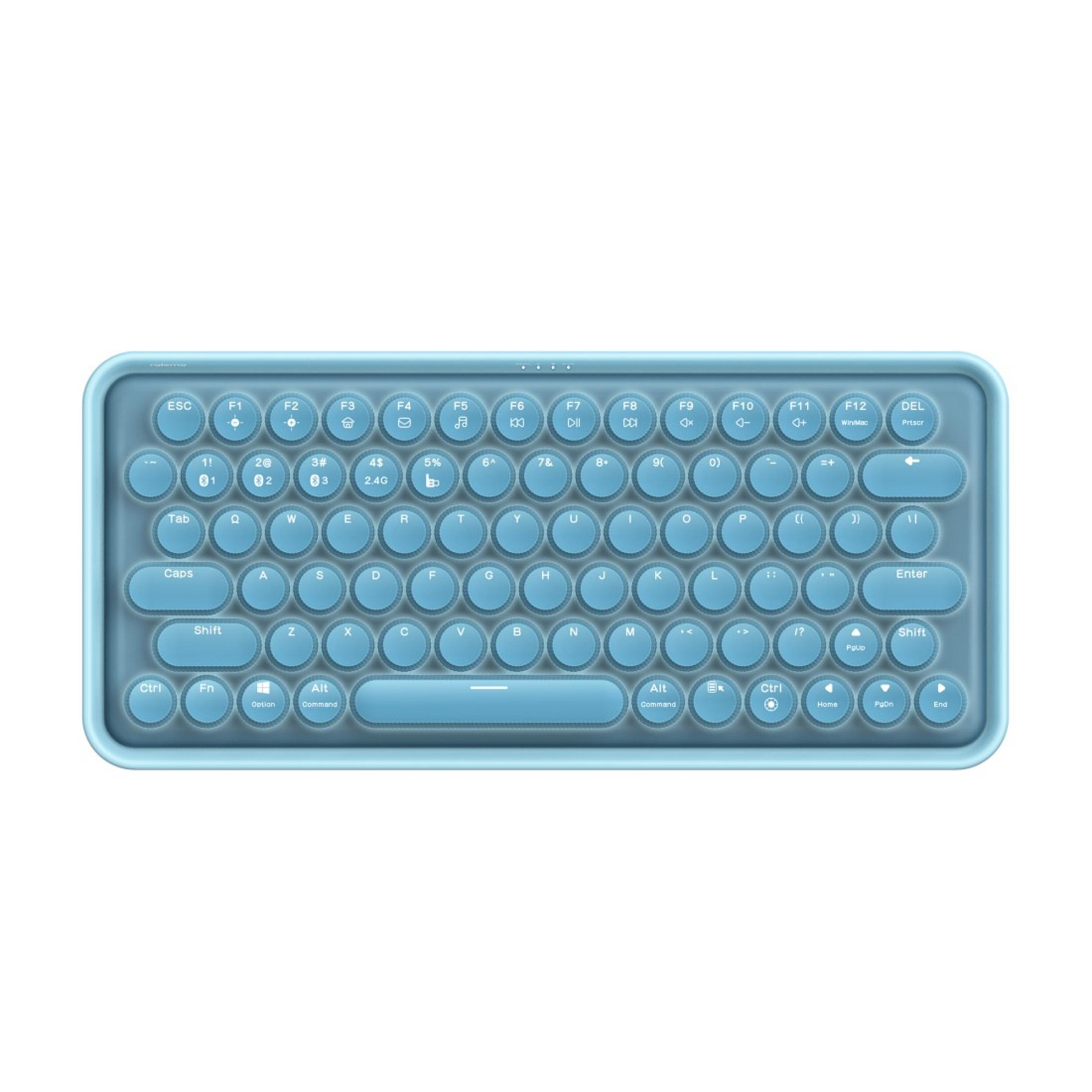 Eine kleine, hellblaue Tastatur mit abgerundeten Tasten und passendem Rahmen, Draufsicht.