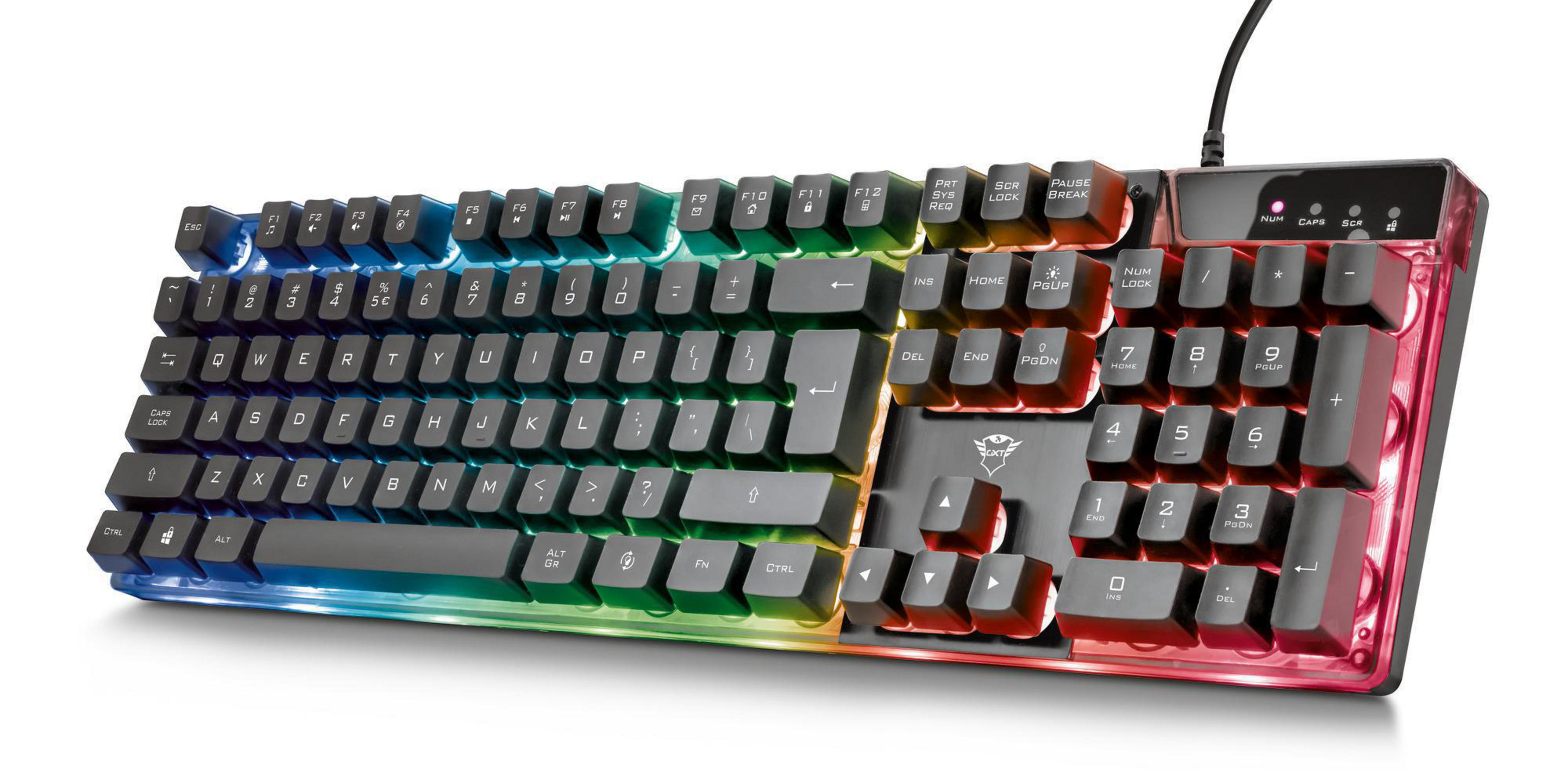 Una tastiera nera con luci LED colorate, vista angolata con etichette dei tasti visibili.