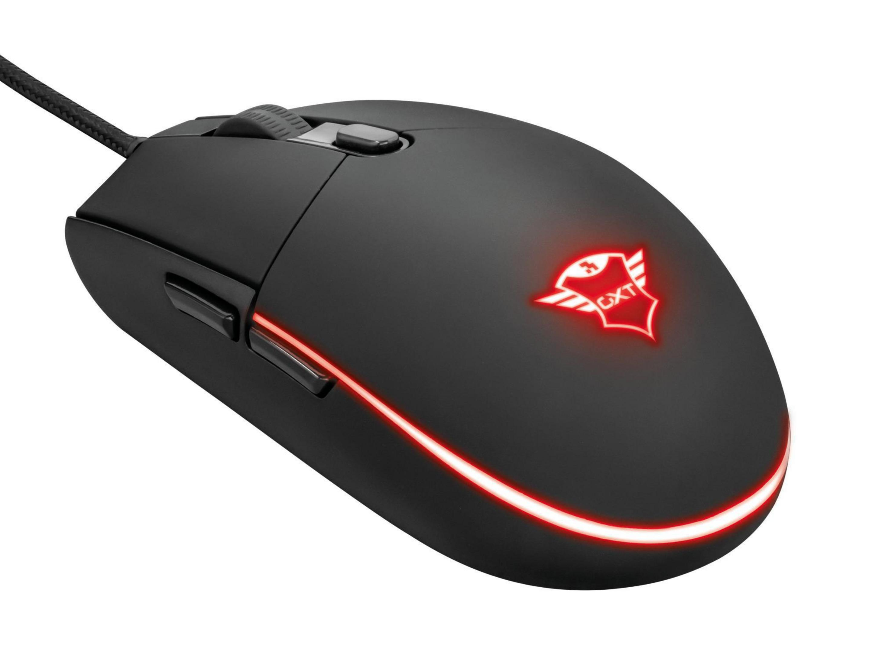 Mouse nero con accenti rossi luminosi e un logo. Sfondo bianco.