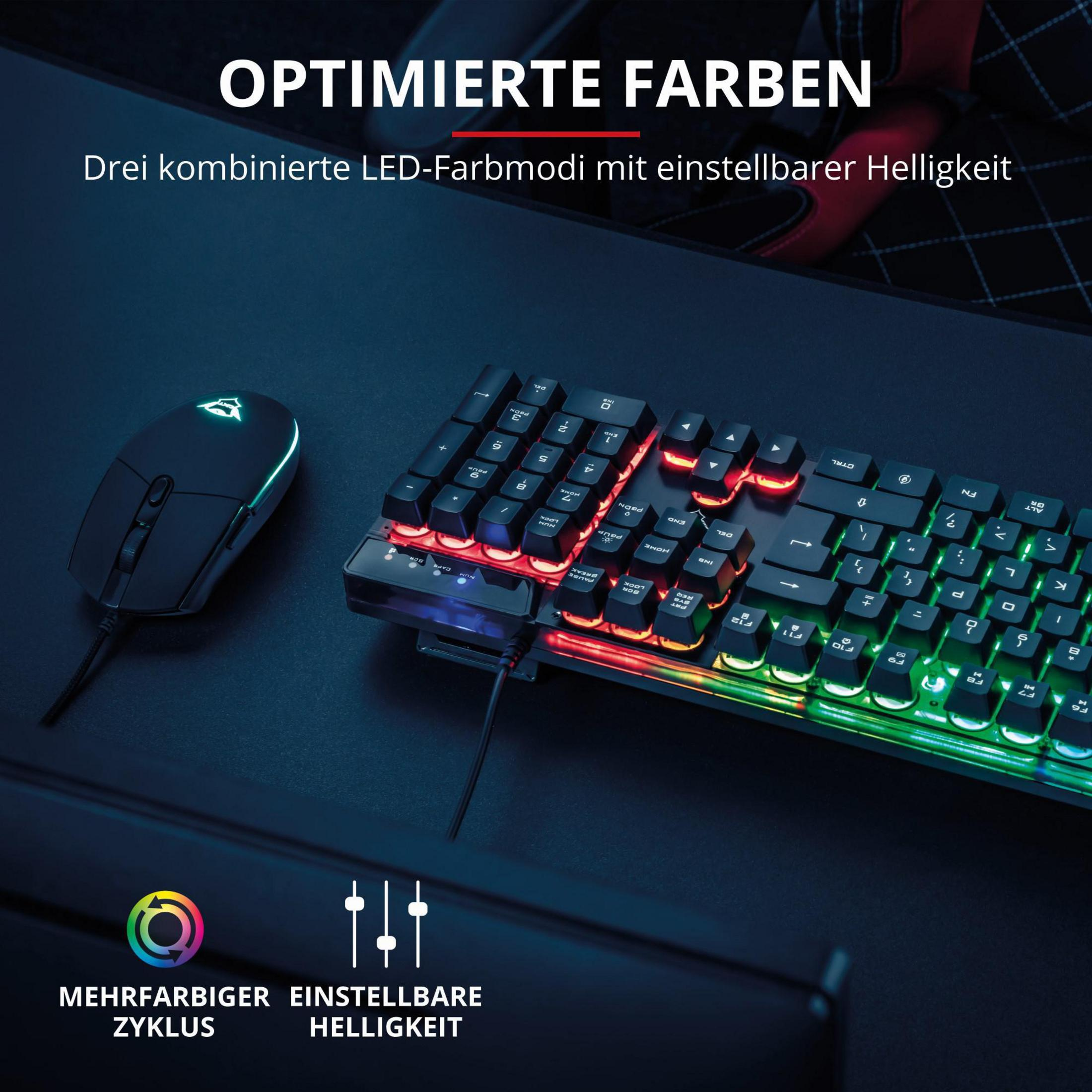 Tastiera gaming con luci LED multicolore. Mouse con logo luminoso. Superficie nera, testo in alto.