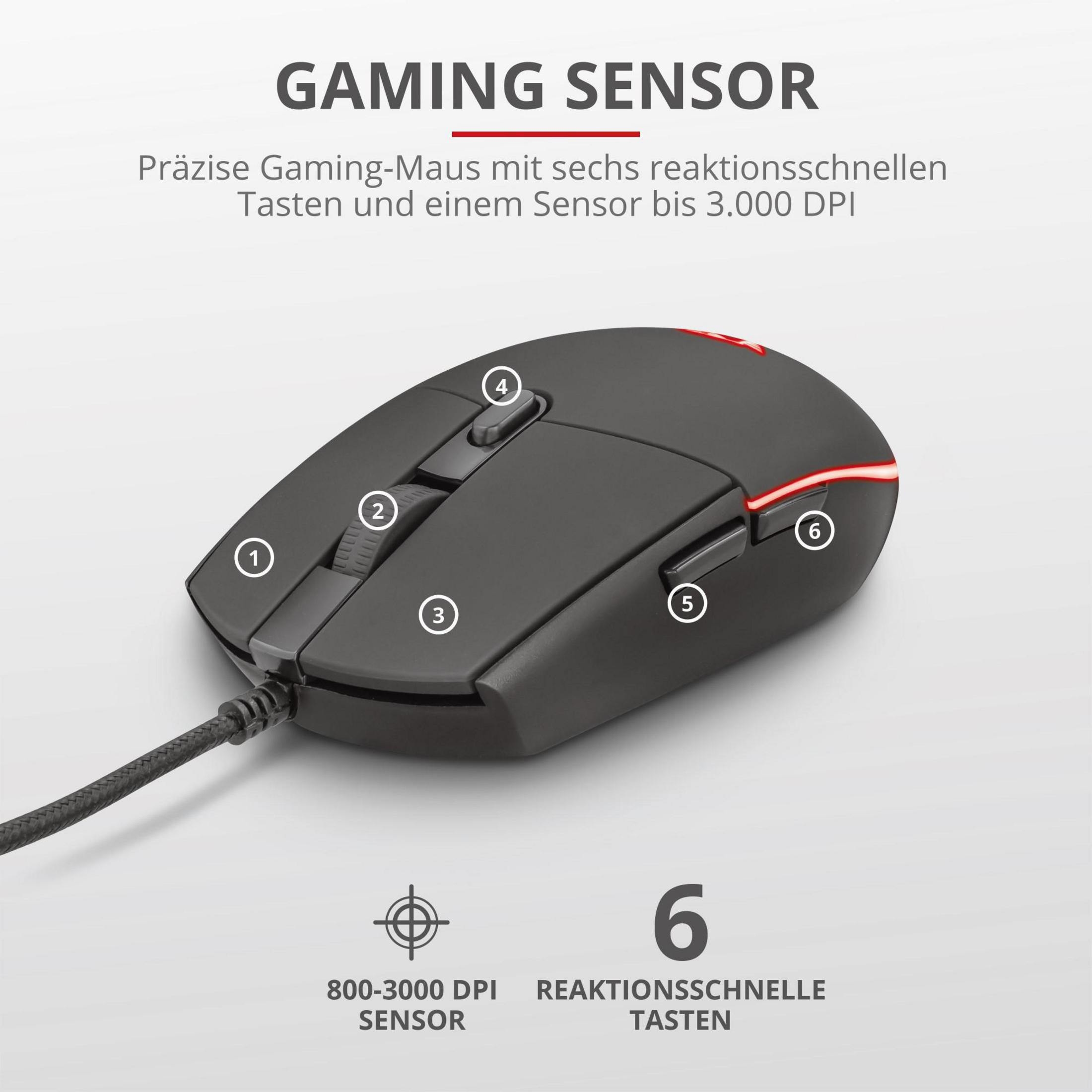 Mouse da gioco con sei pulsanti numerati, una rotella e un sensore DPI su una superficie nera.
