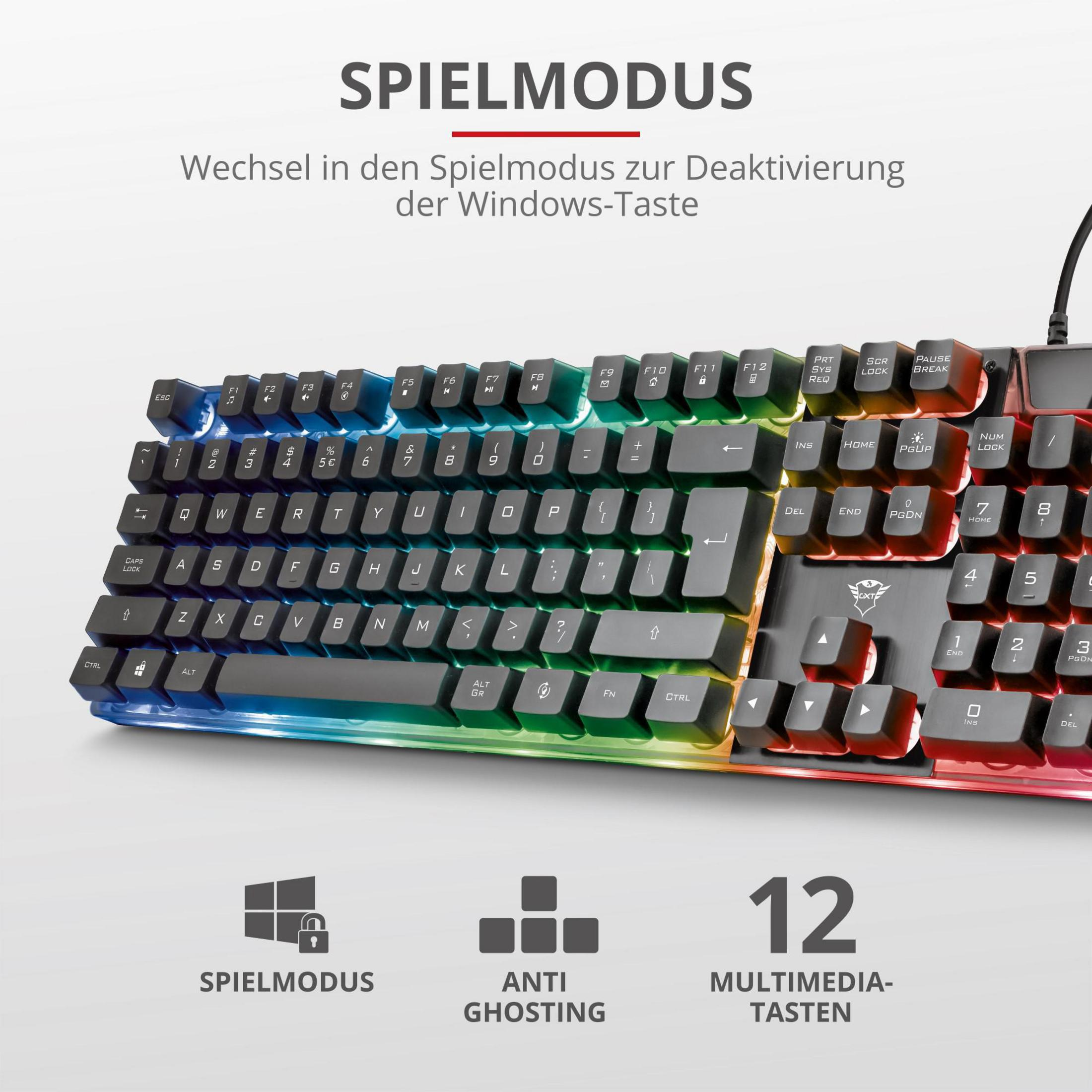 Tastiera con luci LED arcobaleno, sovrapposizione di testo e icone. Dice Spielmodus e altre funzioni.