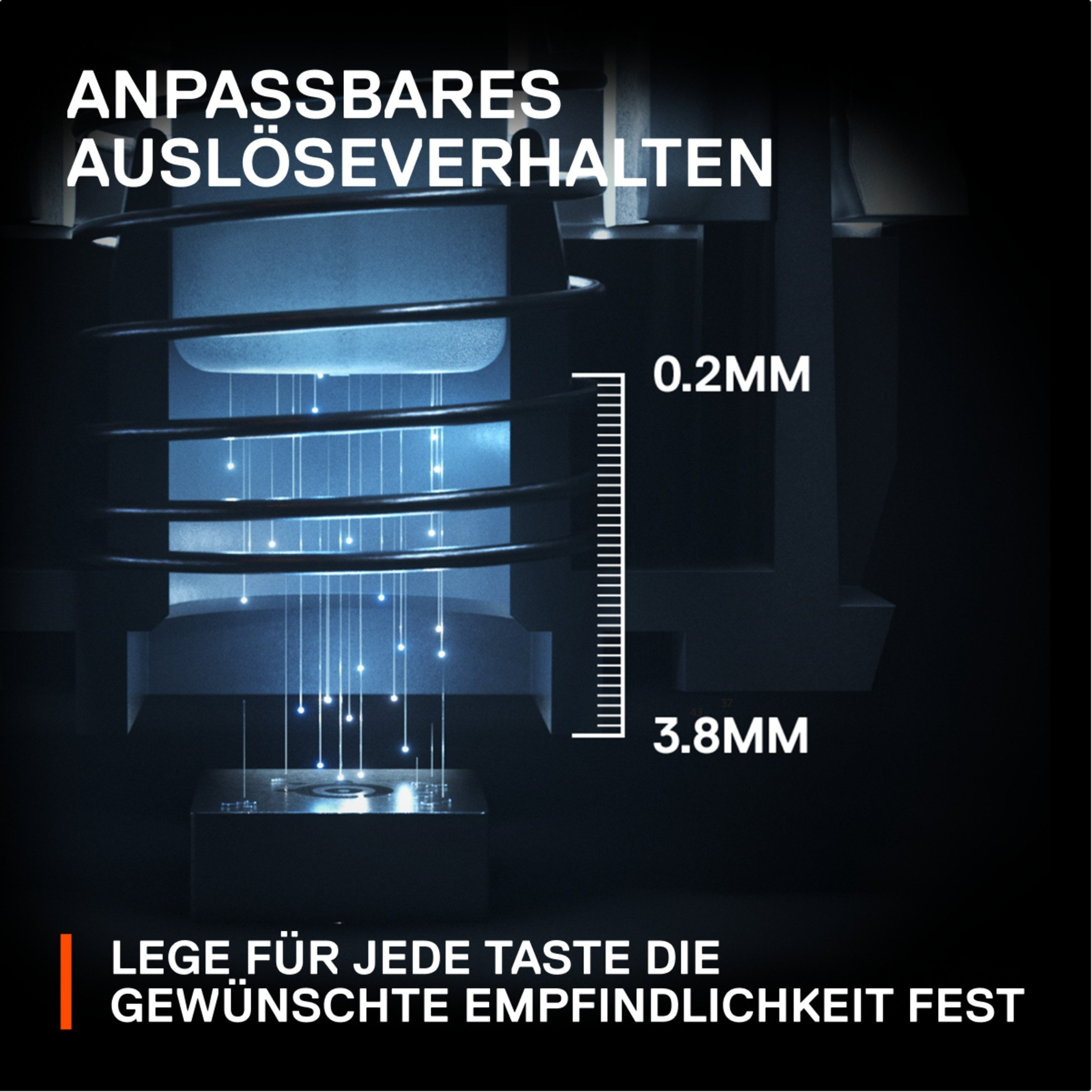 Nahaufnahme der Tastaturschalter-Komponenten mit Messungen und Textüberlagerung.