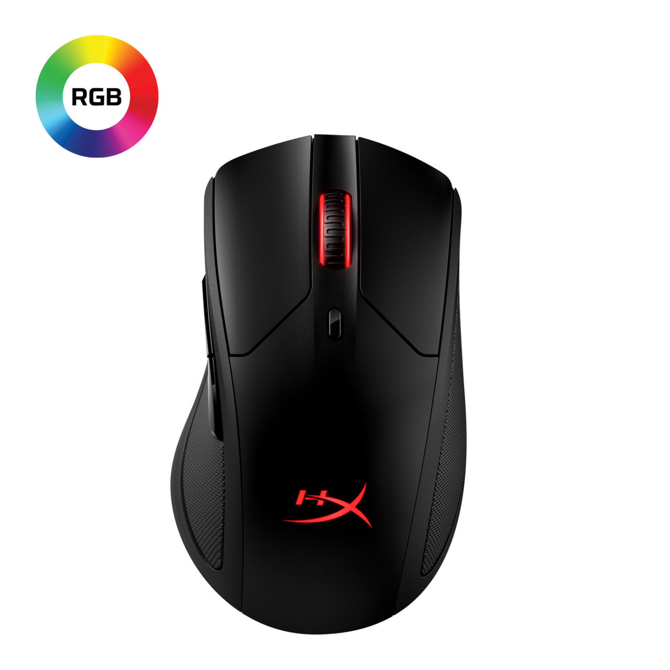 Un mouse da gioco nero con logo rosso e ruota dei colori RGB.