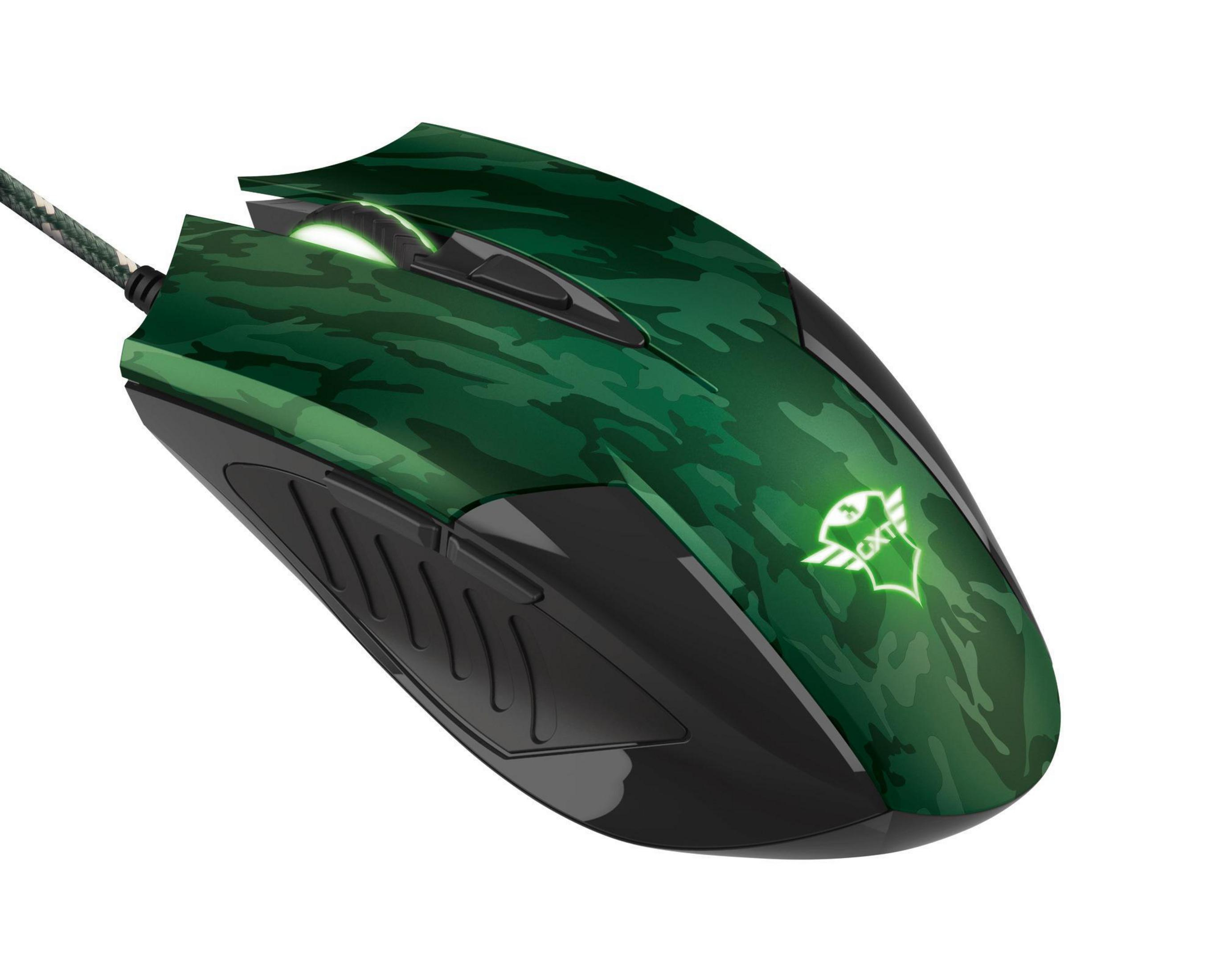 Mouse gaming camouflage verde con dettagli neri e logo verde. Connessione cablata.