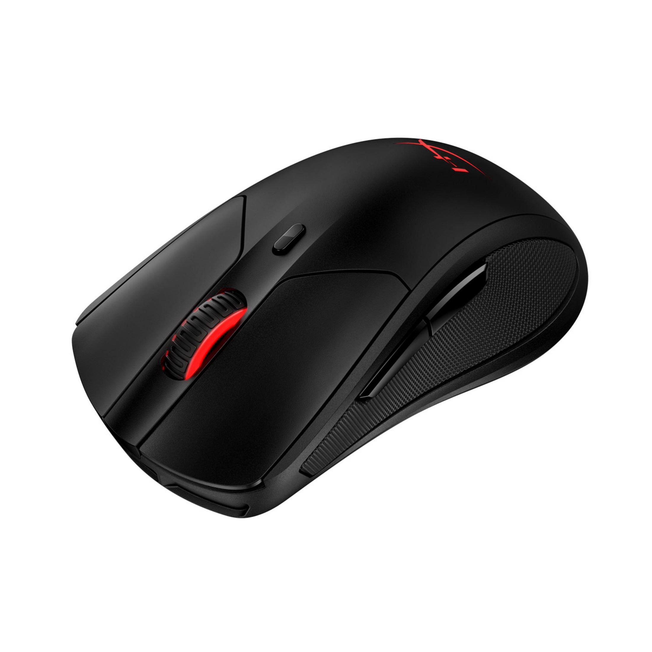 Un mouse da gioco nero con una rotella rossa. Ha un logo rosso sul lato.