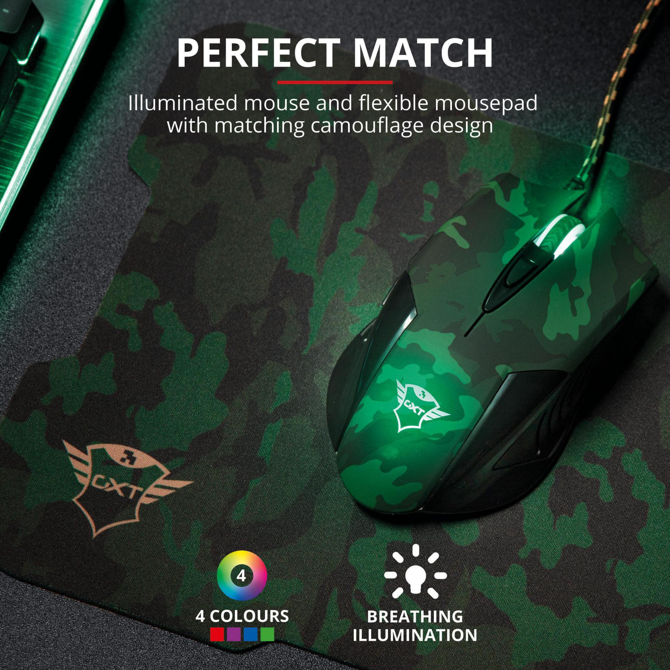 Mouse da gioco su tappetino mimetico, con testo 'Perfect Match'.