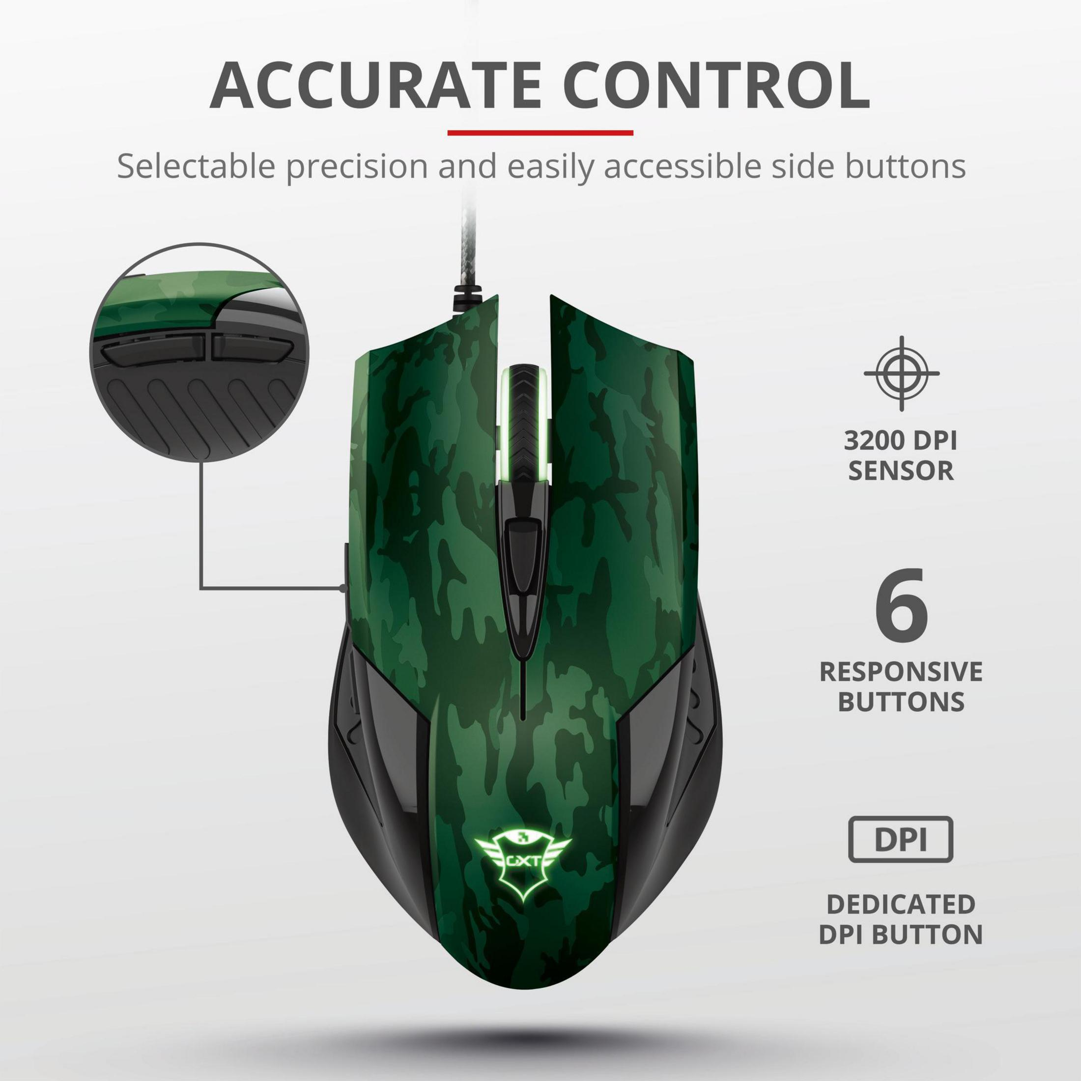 Mouse da gioco verde e nero con pulsanti laterali e sensore 3200 DPI.