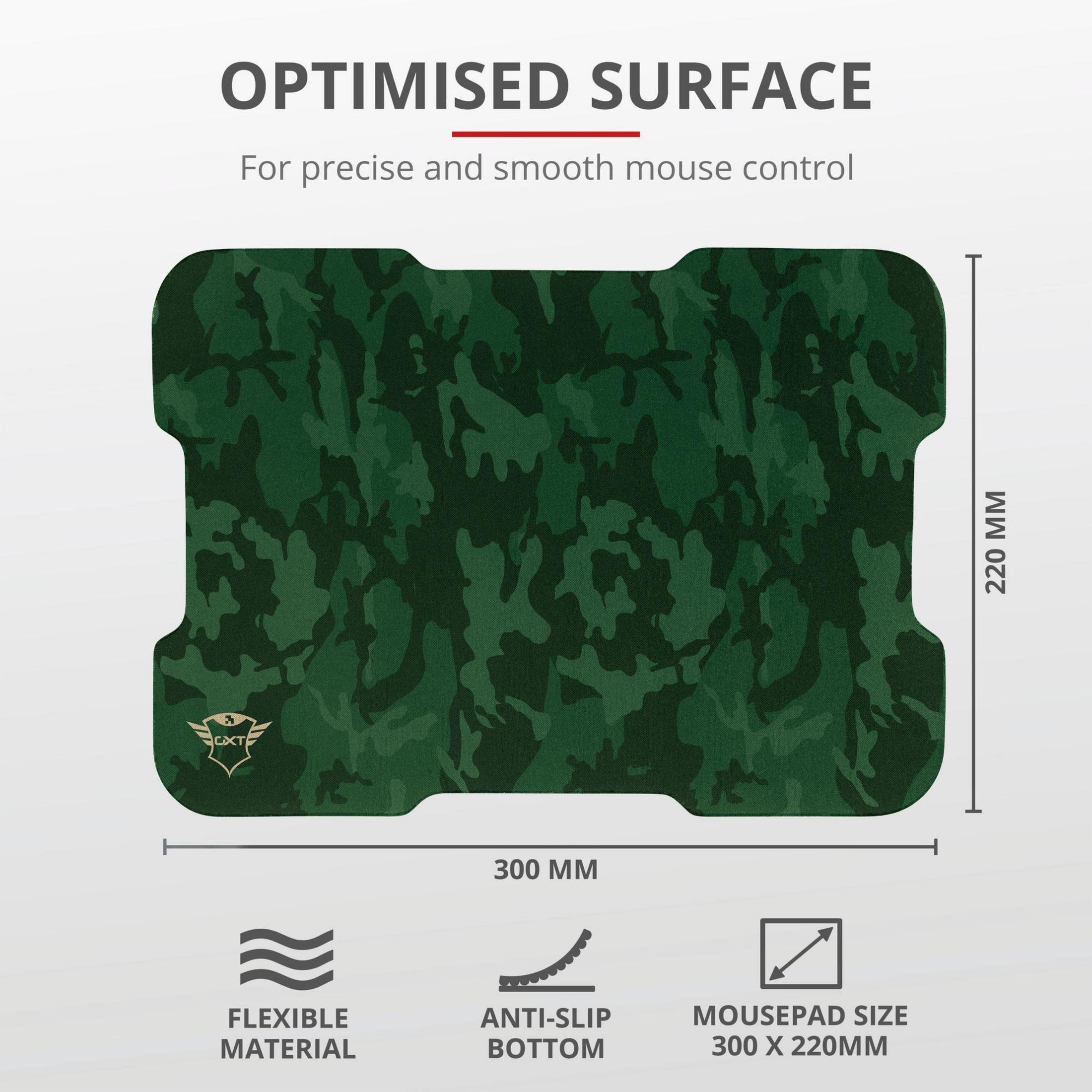 Tappetino per mouse mimetico verde con dimensioni e testo: "Superficie ottimizzata".