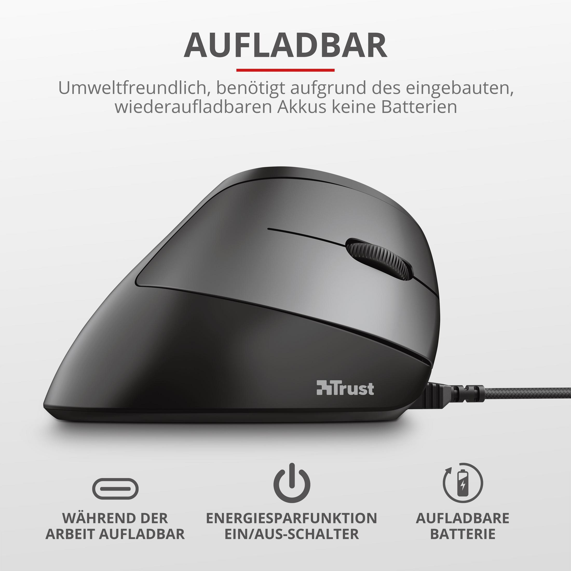 Czarna ergonomiczna mysz. Tekst: „AUFLADBAR”, „WÄHREND DER ARBEIT AUFLADBAR”, „ENERGIESPARFUNKTION”, „AUFLADBARE BATTERIE”.