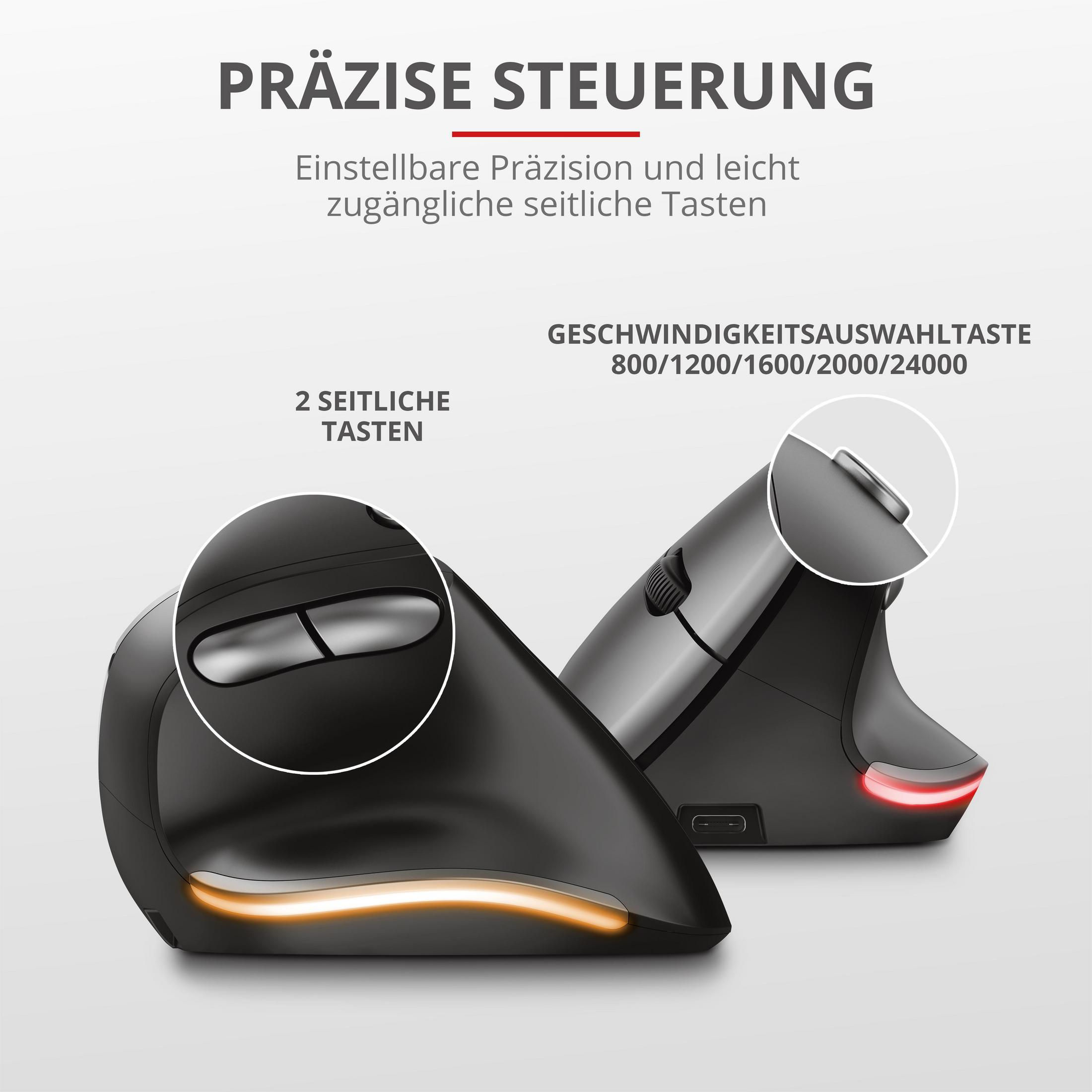 Dwie czarne ergonomiczne myszy pionowe, z tekstem.