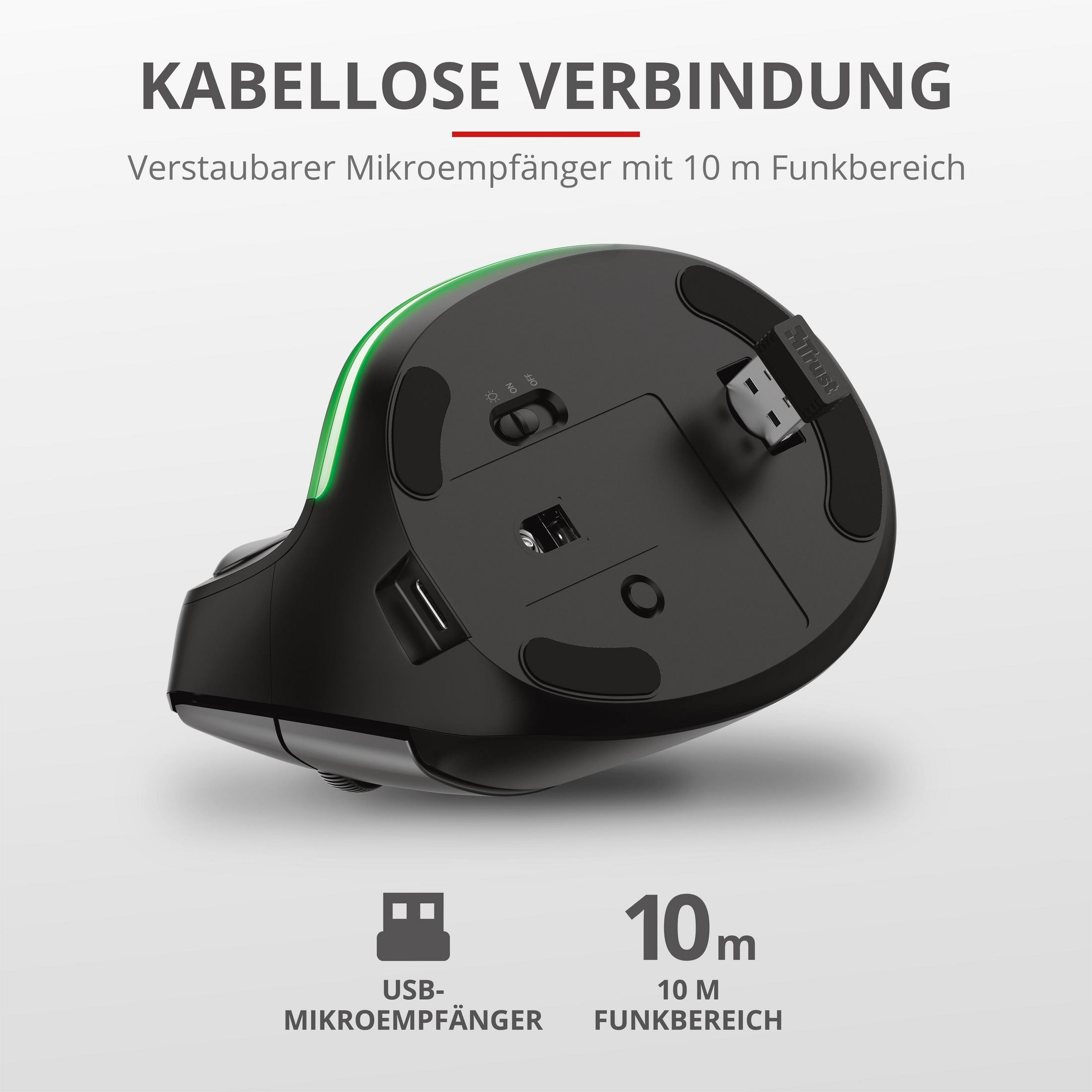 Spód czarnej, ergonomicznej myszy. Tekst brzmi: Odbiornik USB Micro, 10 m Funkbereich.