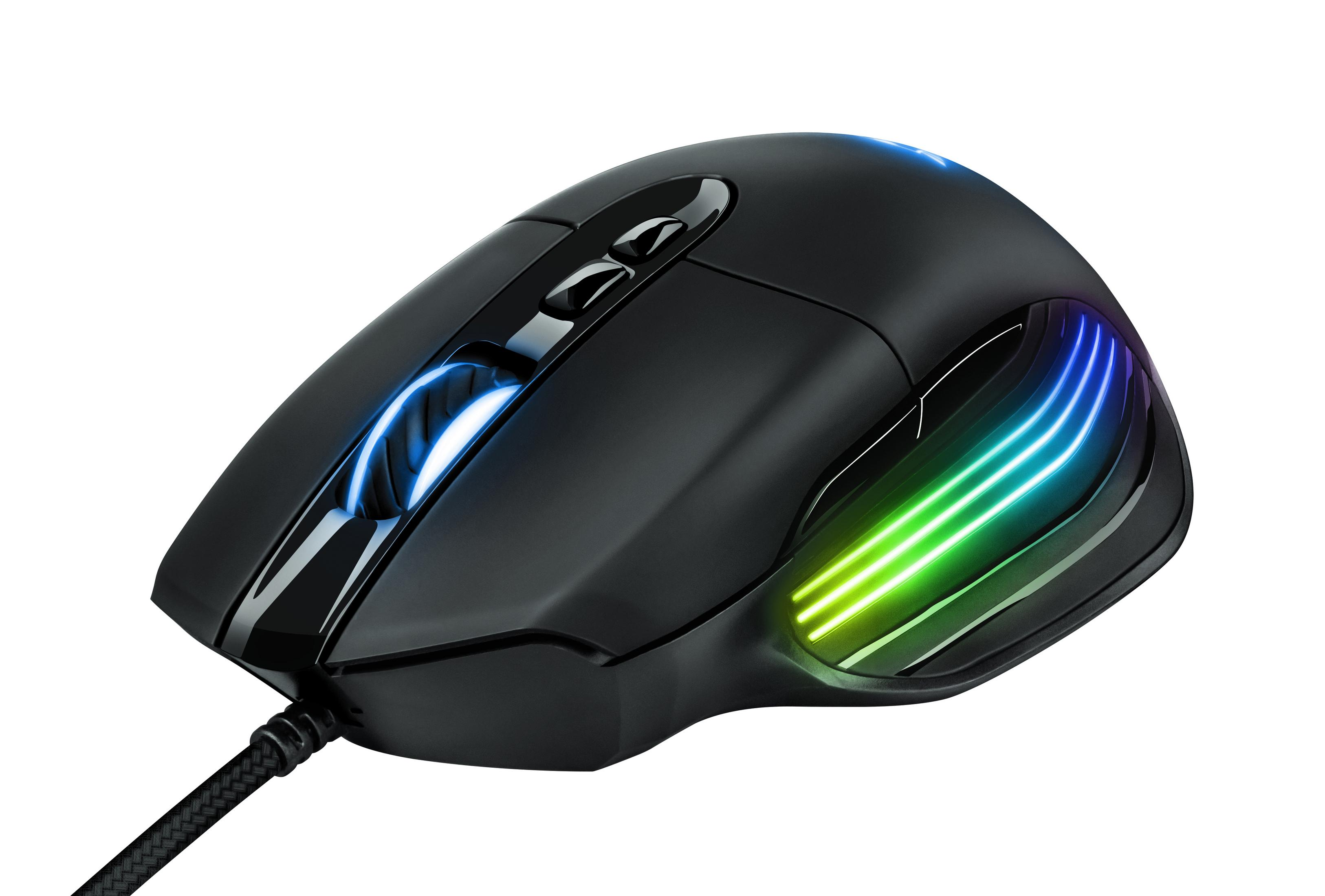 Mouse da gioco nero con luci blu e verdi.