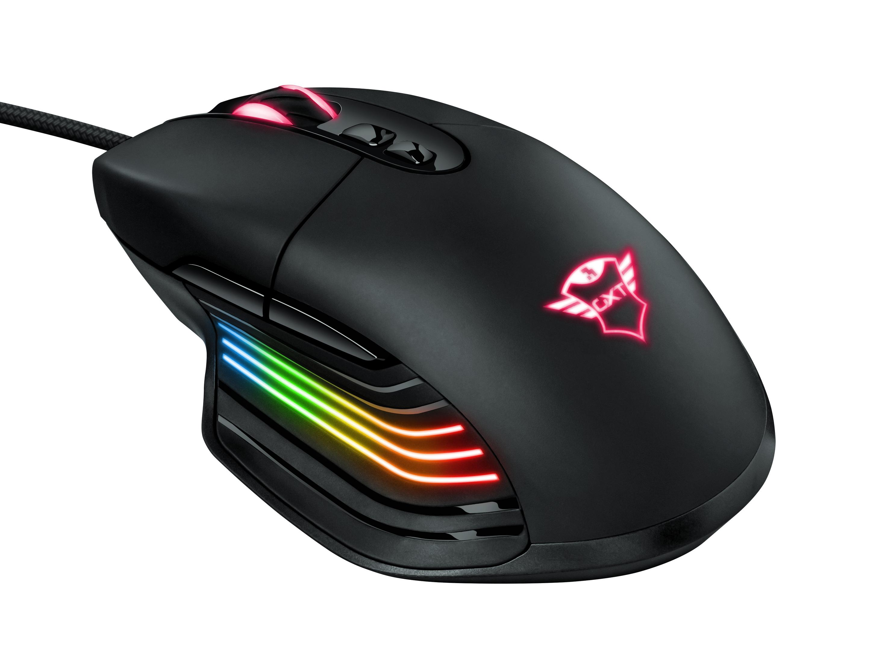Mouse gaming nero con luci RGB e logo Trust. Con pulsanti laterali e rotella di scorrimento.