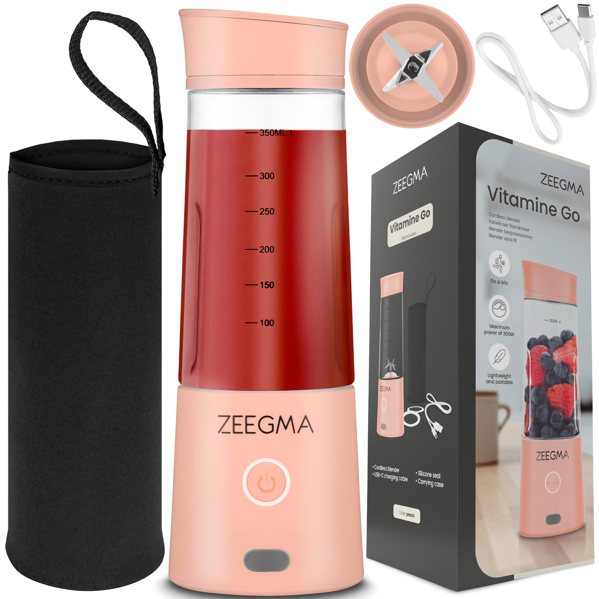 Różowy blender, rozłożone komponenty. Etui i pudełko po prawej.