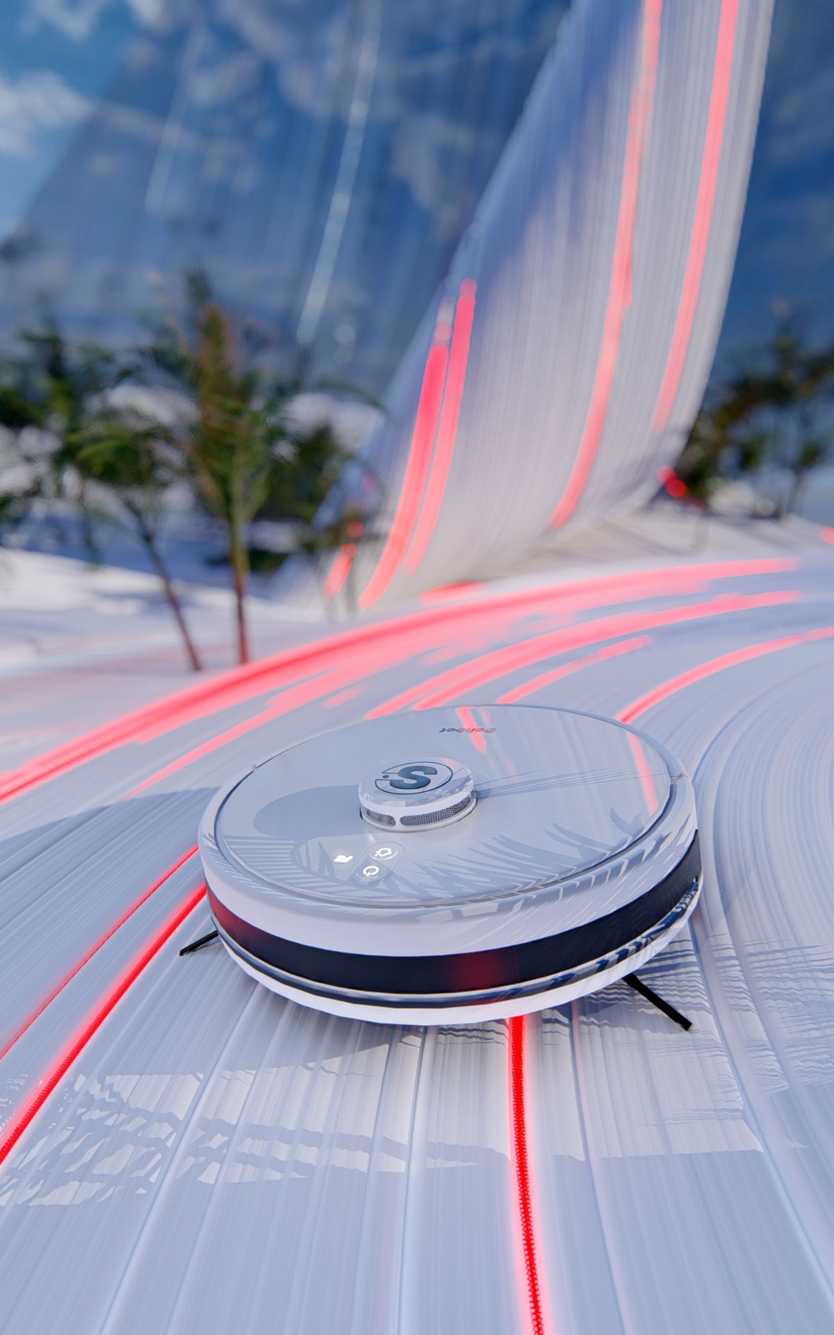 Ein weißer, kreisförmiger Roboter-Staubsauger auf einer weißen, geschwungenen Oberfläche mit roten Lichtstreifen. Draußen schneit es.