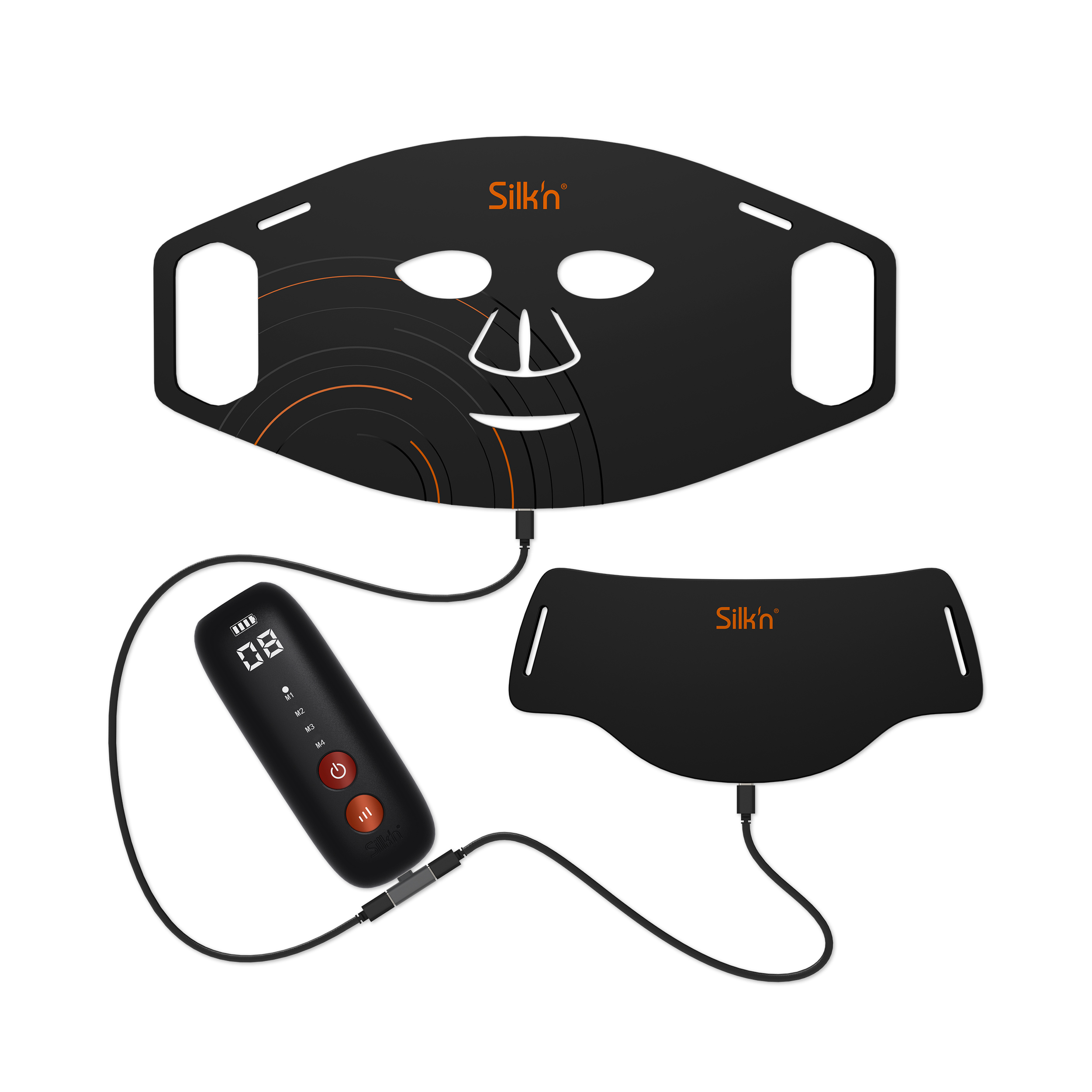Schwarzes Gesichtsmaskengerät mit Controller, verbunden durch Kabel. Markenname ist Silk'n.