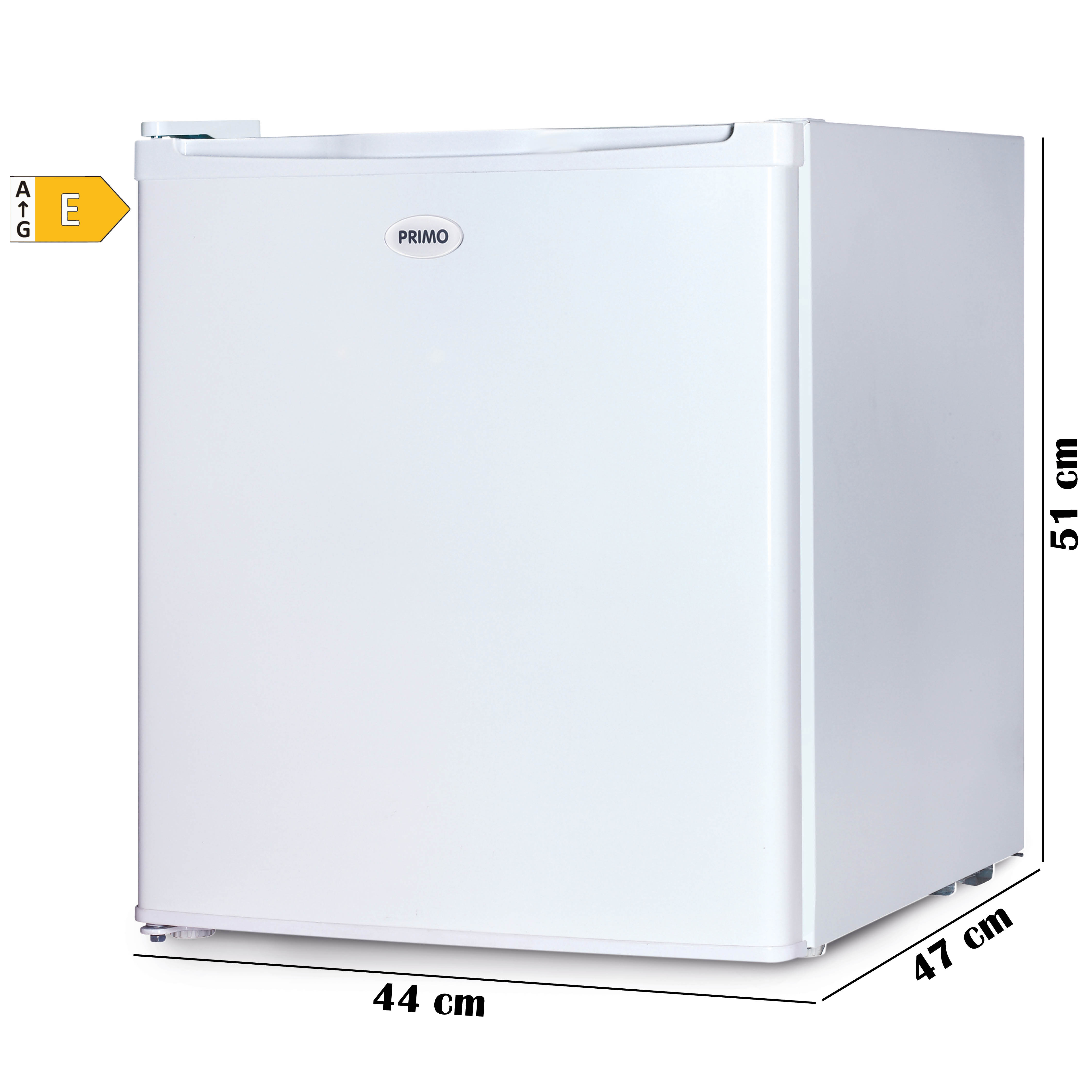 Réfrigérateur blanc avec dimensions et étiquette d'efficacité énergétique.