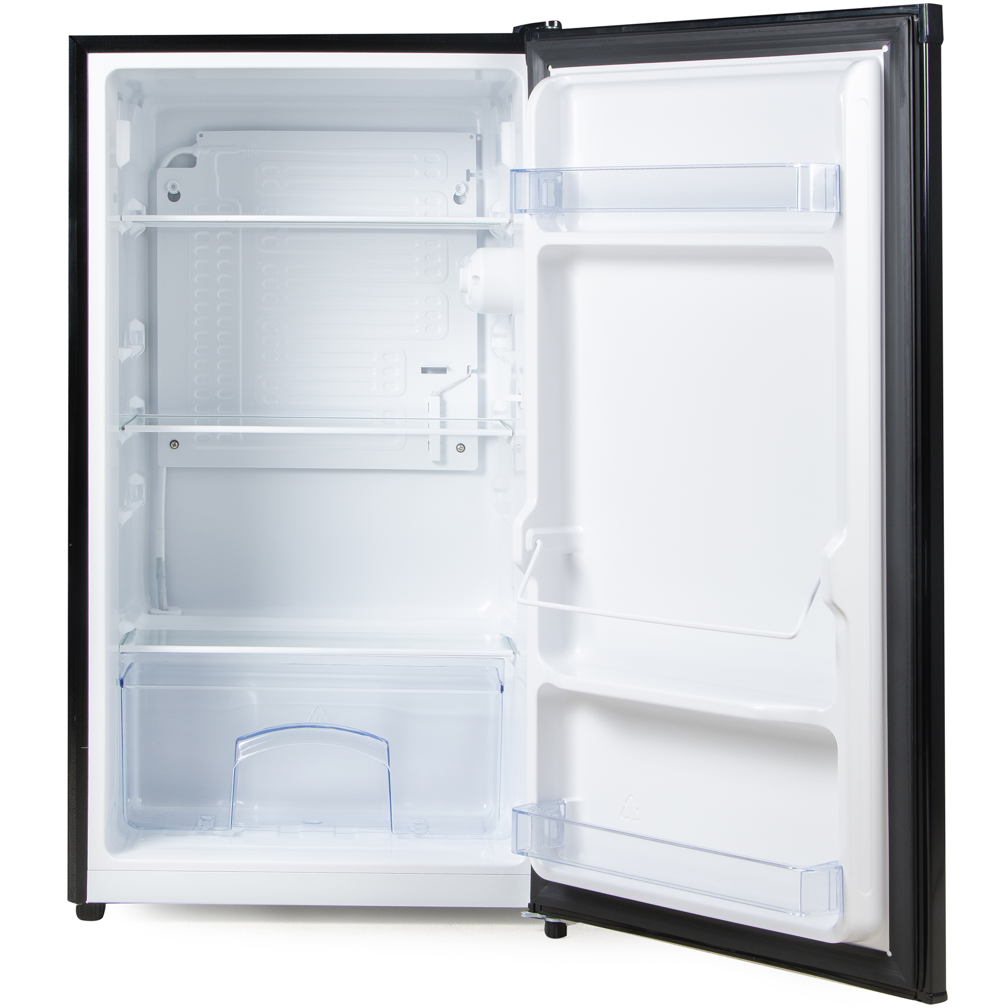 A small, open black refrigerator with shelves and a crisper drawer.