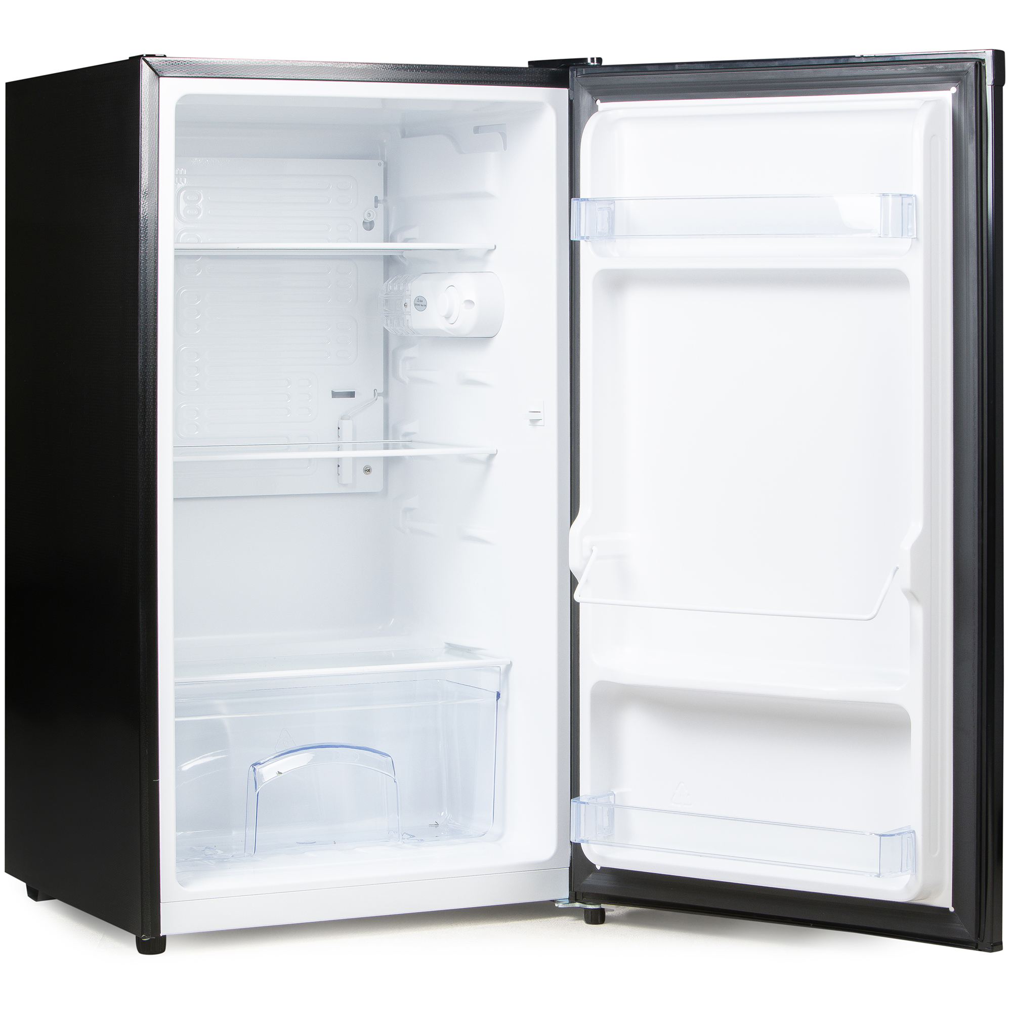 Black mini-fridge with the door open, revealing shelves and a transparent container.