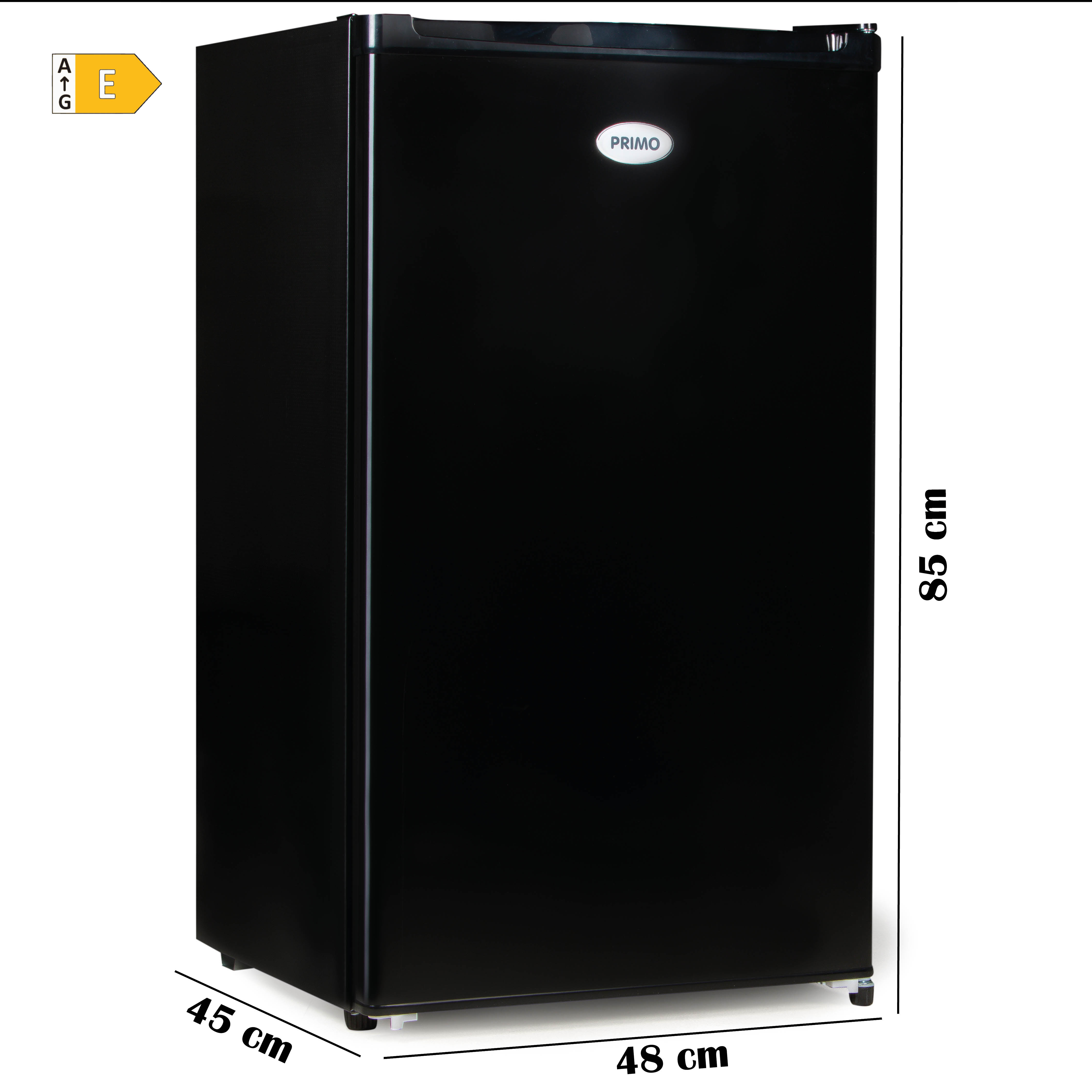 A black Primo mini-fridge. It has dimensions of 45x48x85cm. An energy label is on the top left.