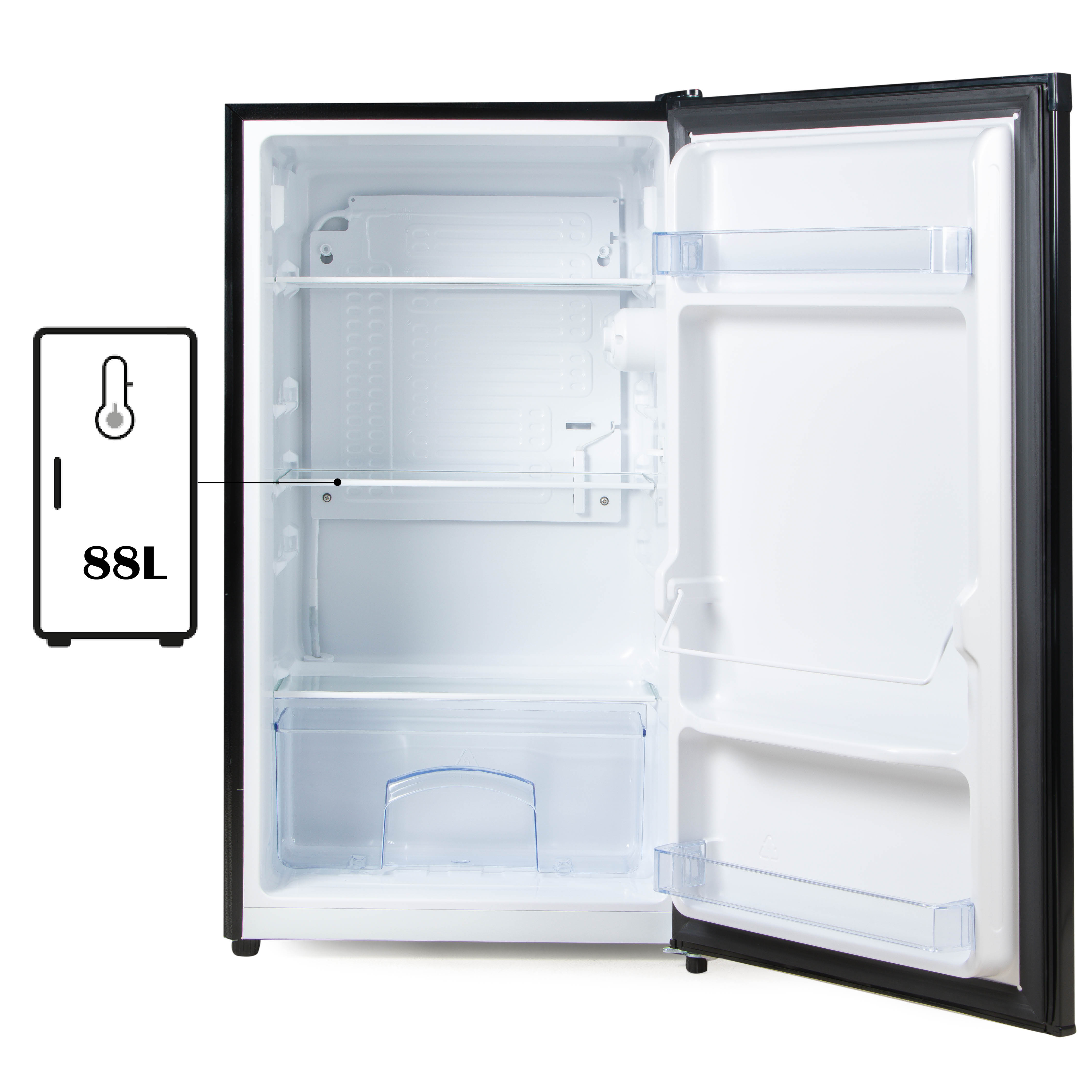Small refrigerator with door open, showing shelves, and 88L label.