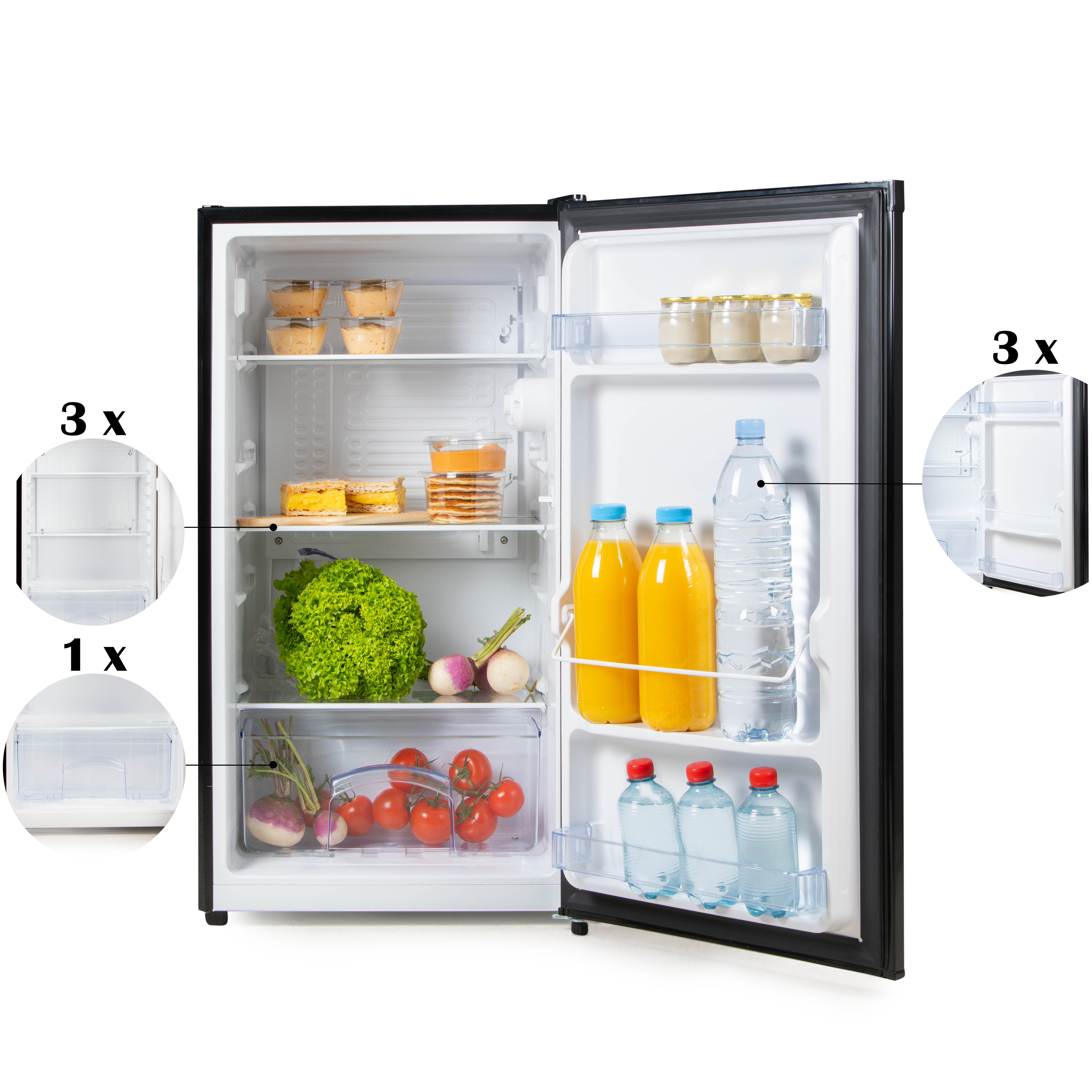 Open refrigerator with food items. Includes vegetables, juice, and water bottles.