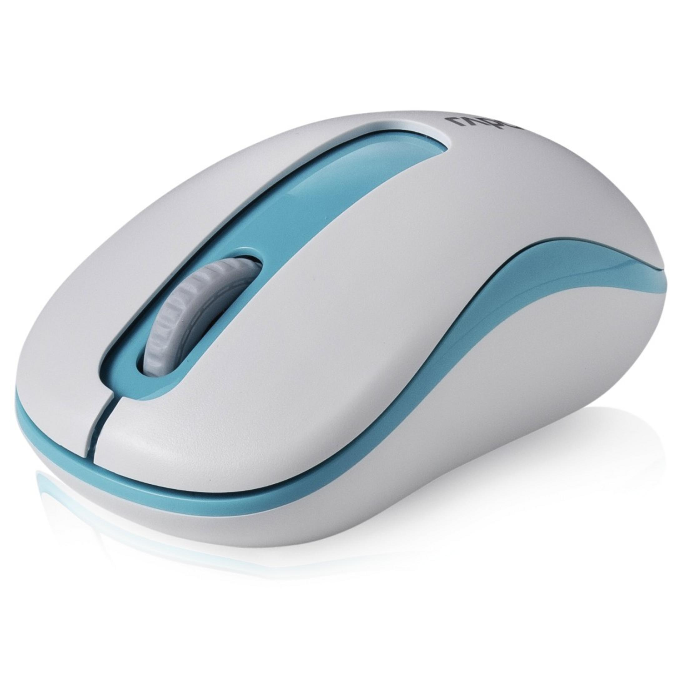 Witte en blauwe muis met een zwart scrollwiel. Rapoo logo aanwezig.