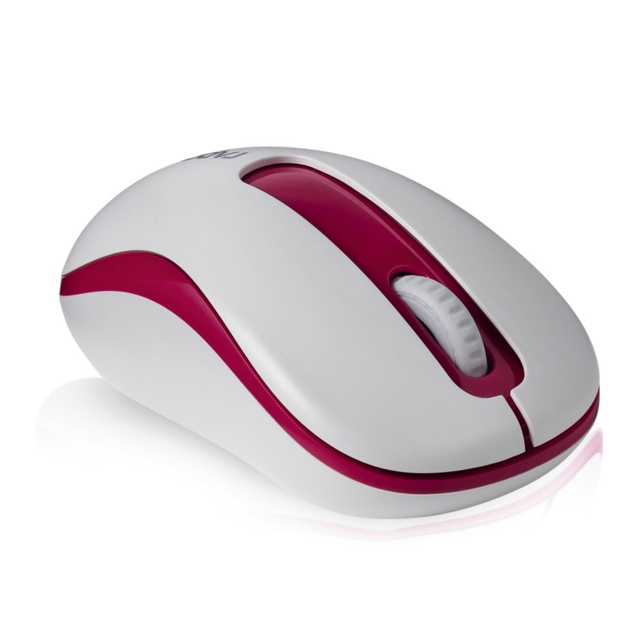 Mouse bianco con accenti rosa. La rotella è bianca. La forma è ergonomica.