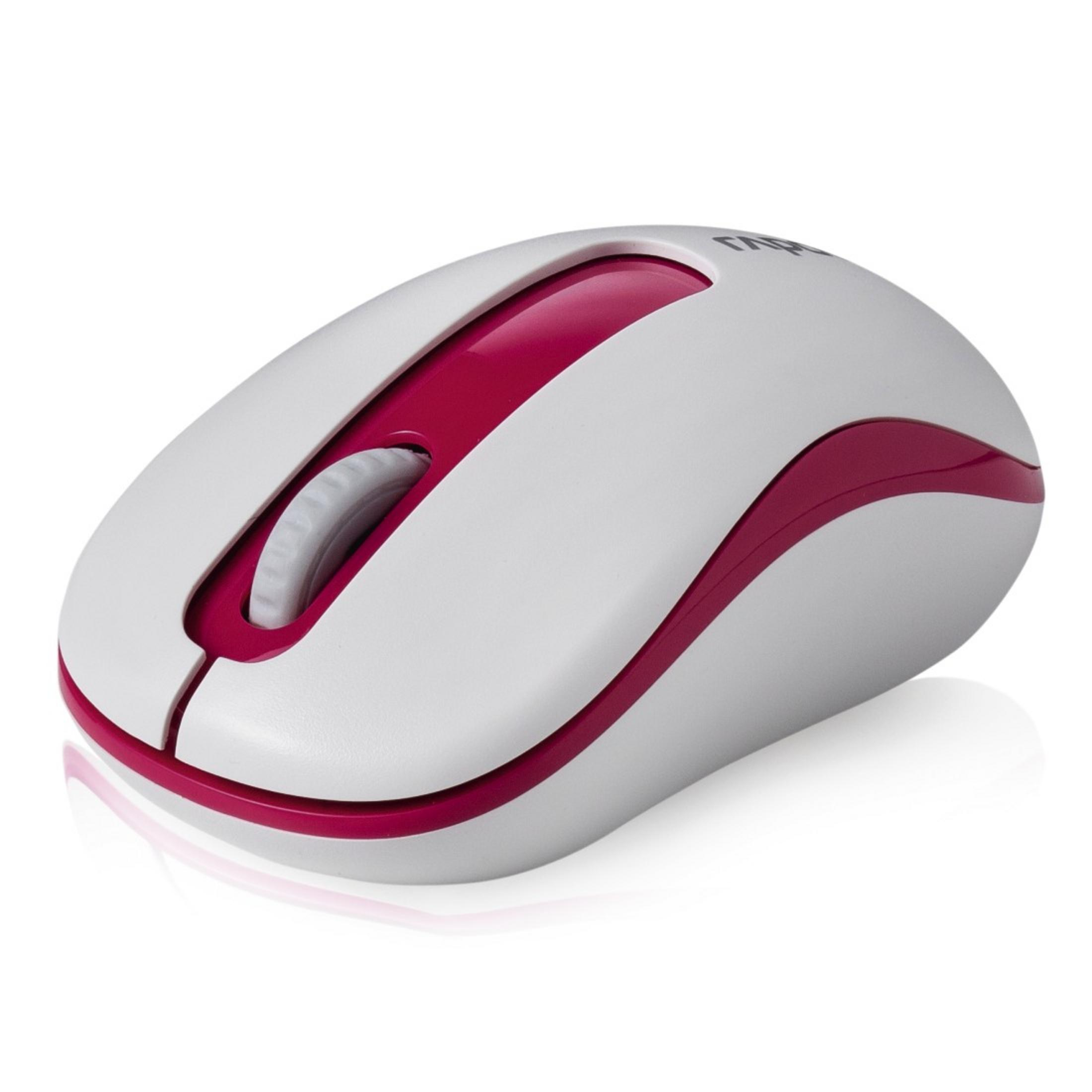 Mouse bianco con un accento rosa/rosso. Ha una rotella di scorrimento grigia. Lo sfondo è bianco.