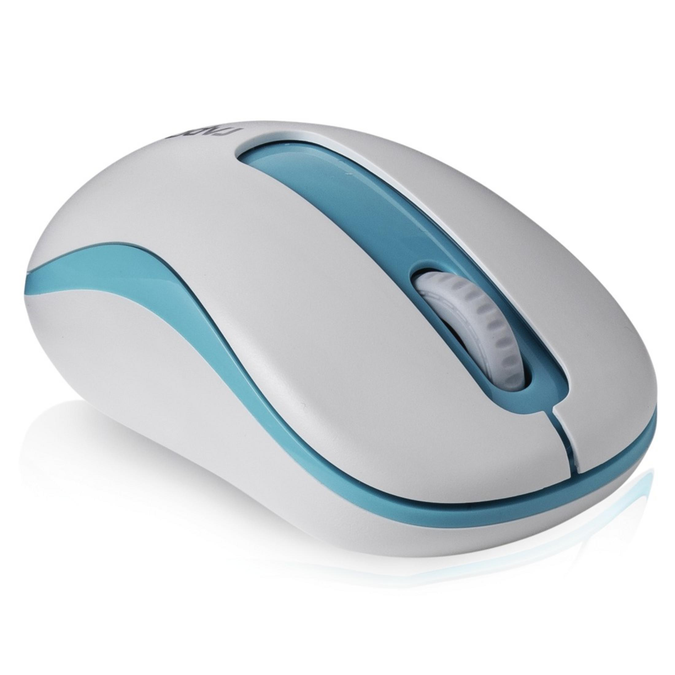 Een witte en blauwe muis met een scrollwiel.